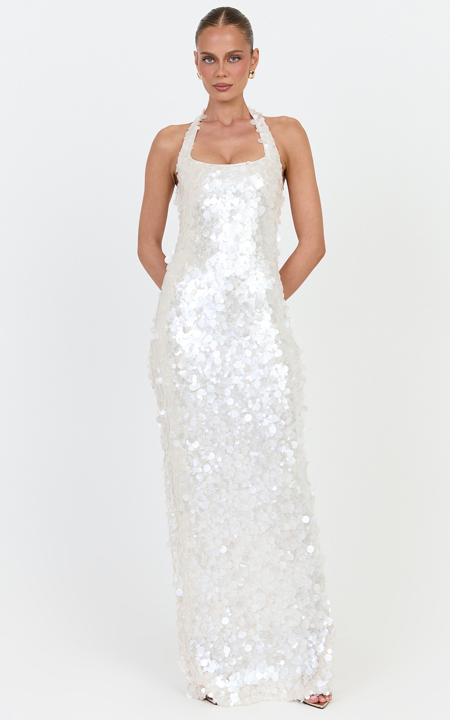 Alexandria Maxi Dress - Halter Neck Sequin Dress in Pearl - View 4