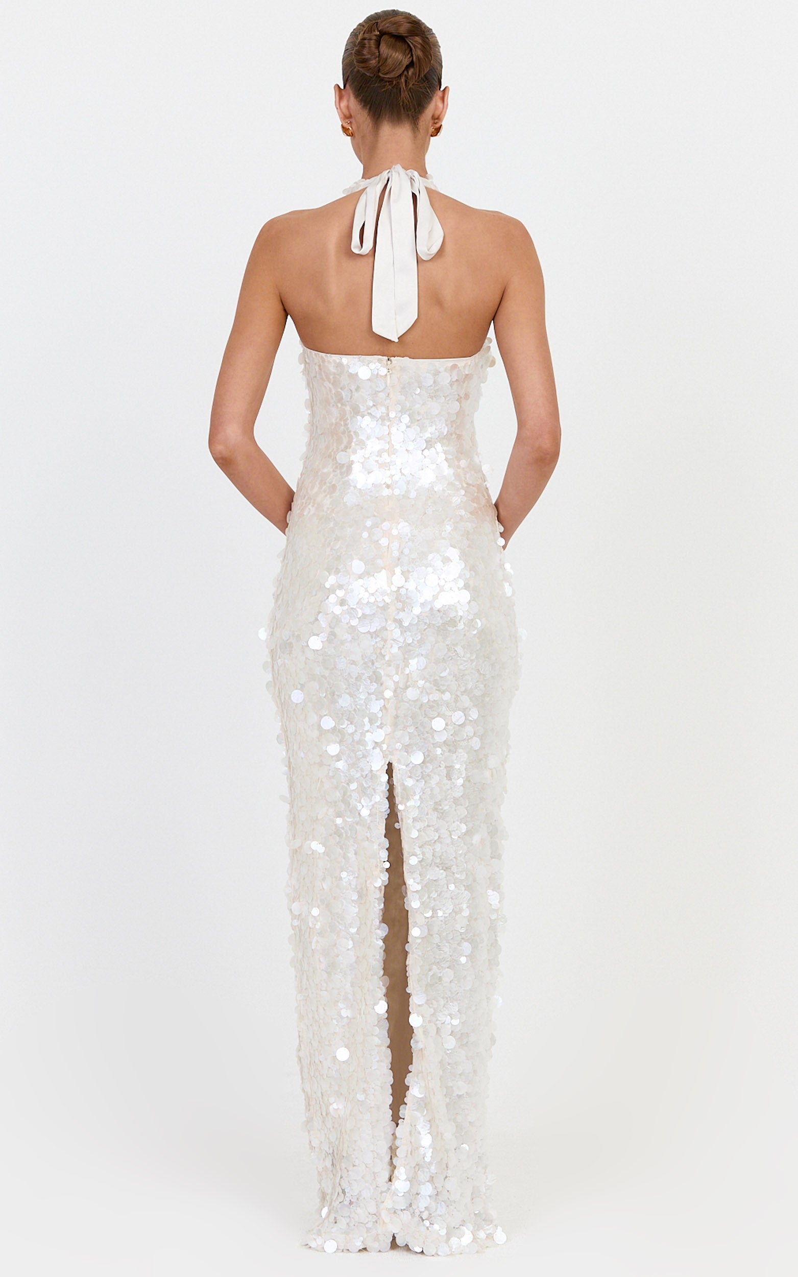 Alexandria Maxi Dress - Halter Neck Sequin Dress in Pearl - View 6