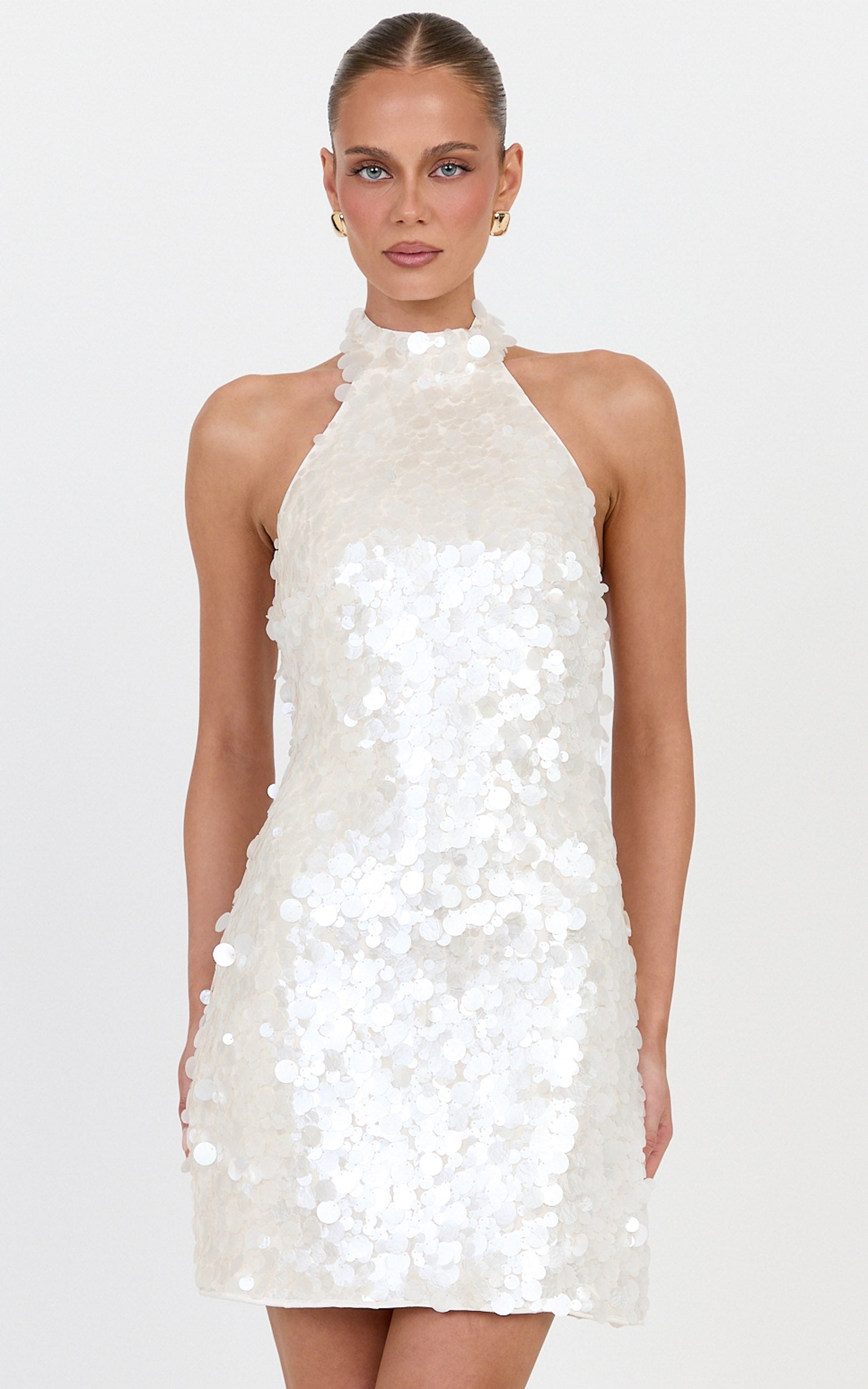 Alexandria Mini Dress - Halter Neck Sequin Backless Dress in Pearl - View 1