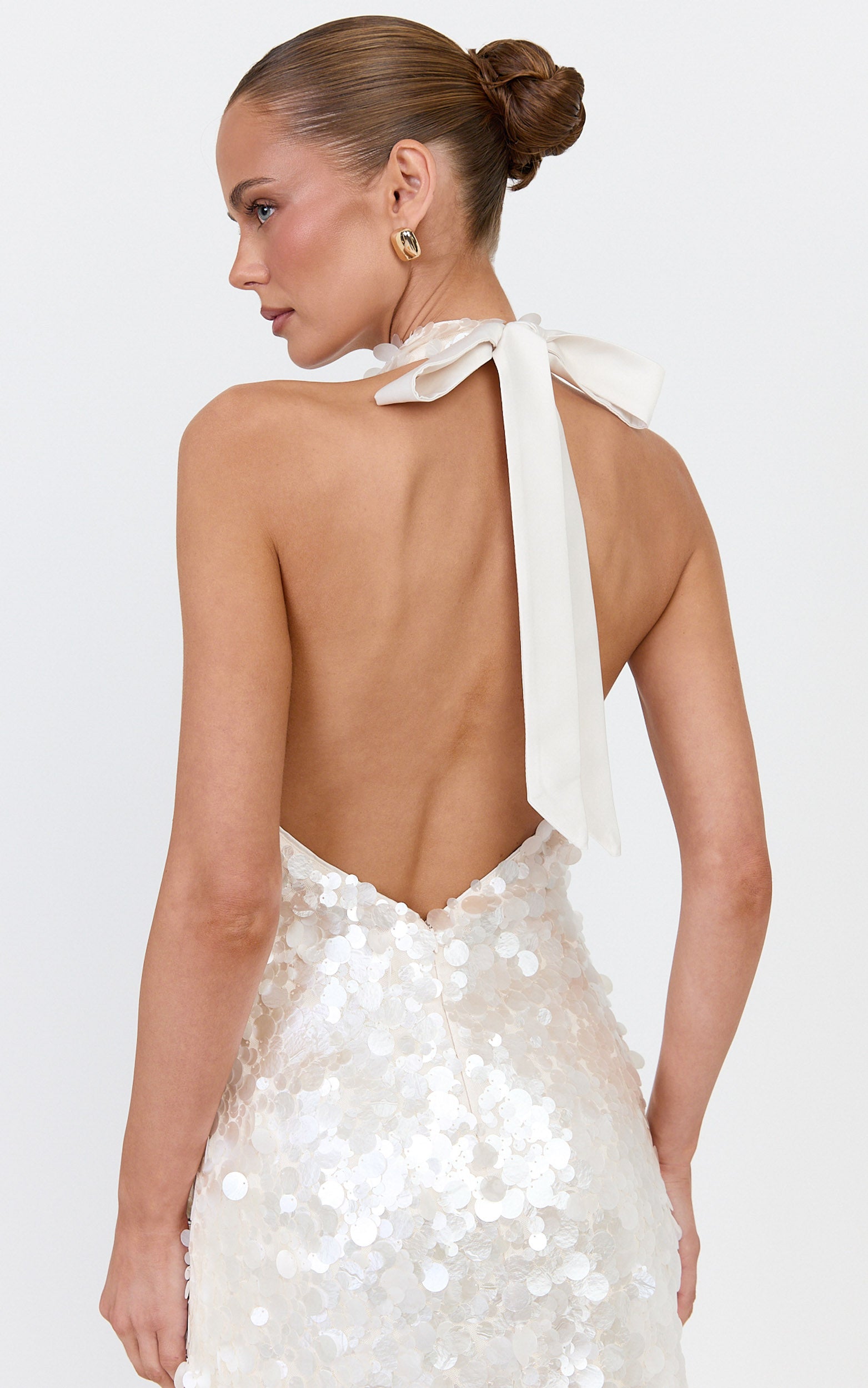 Alexandria Mini Dress - Halter Neck Sequin Backless Dress in Pearl - View 9