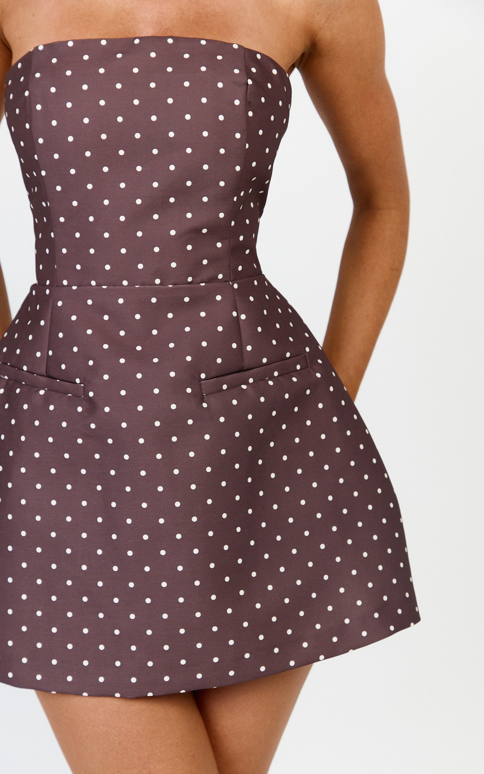 Benson Playsuit - Strapless Fit and Flare Playsuit in Chocolate/Cream Polka Dot - View 9