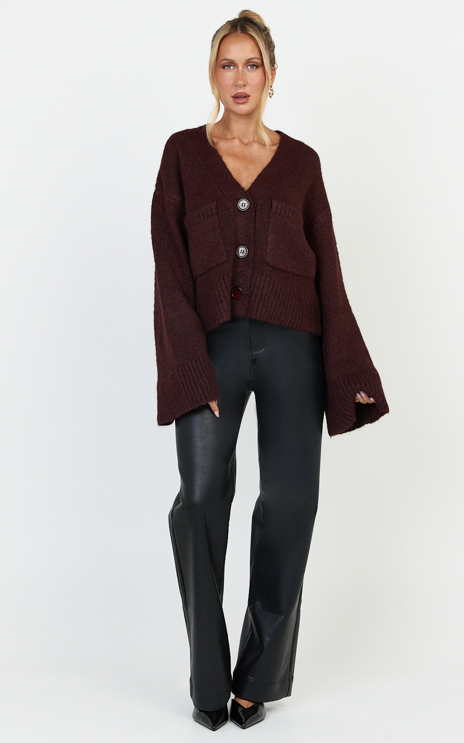 Becka Cardigan - Oversized Recycled Knitted Button Through Cardigan in Wine - View 3