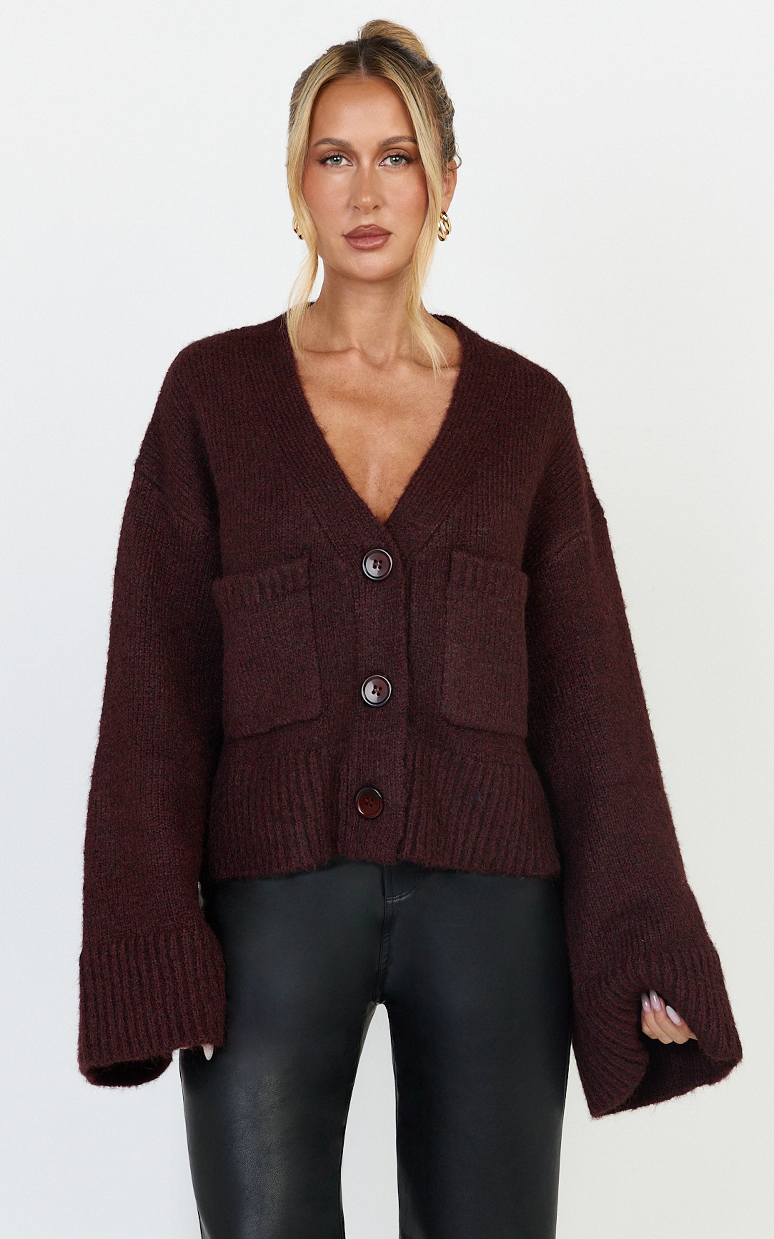 Becka Cardigan - Oversized Recycled Knitted Button Through Cardigan in Wine - View 2