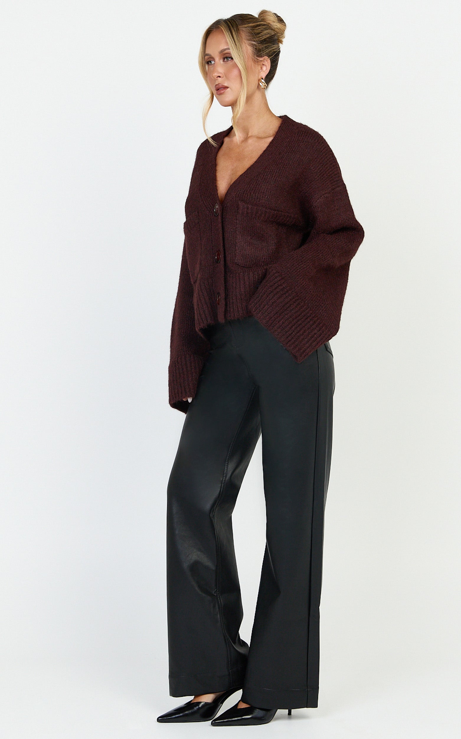 Becka Cardigan - Oversized Recycled Knitted Button Through Cardigan in Wine - View 4