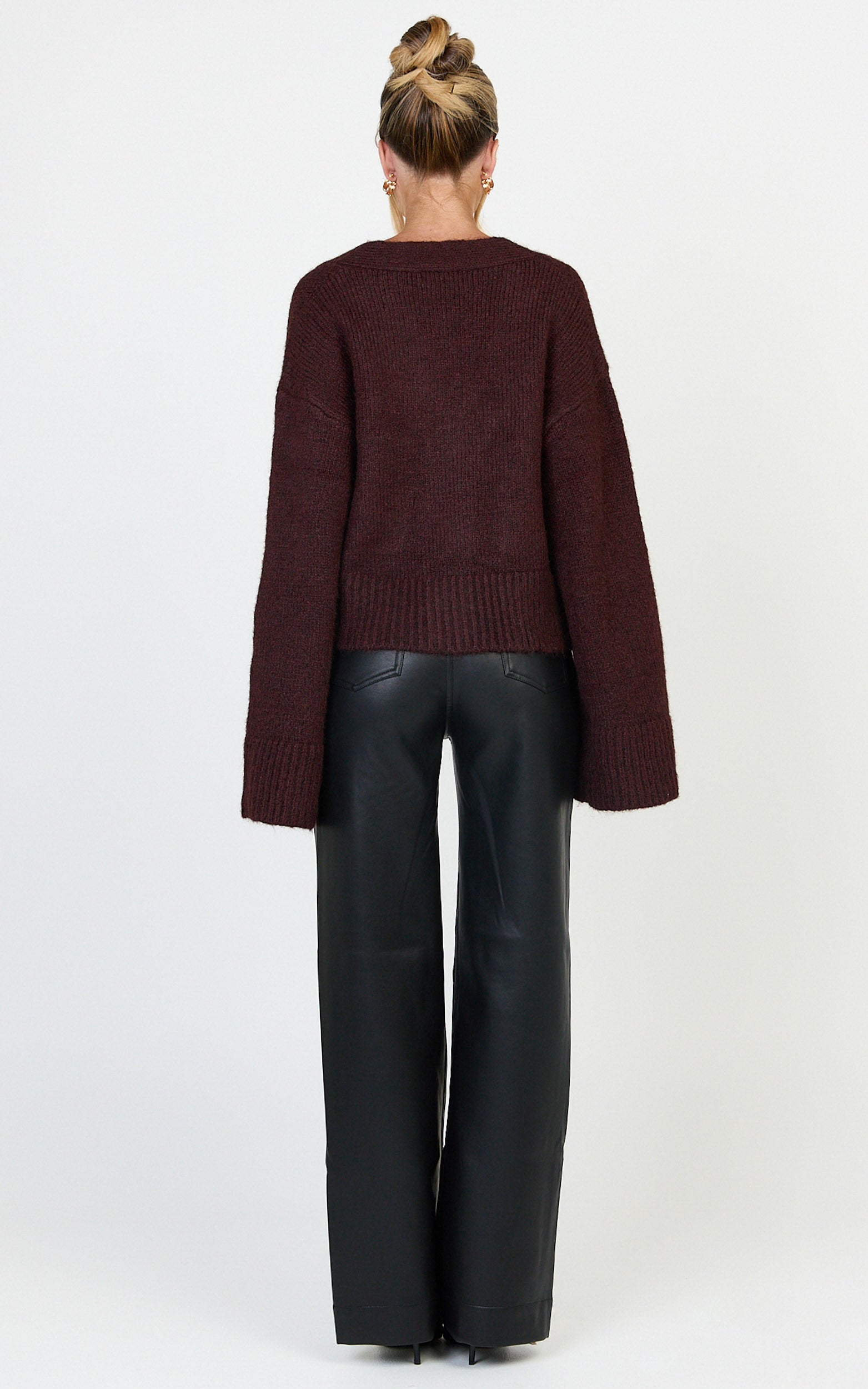 Becka Cardigan - Oversized Recycled Knitted Button Through Cardigan in Wine - View 5