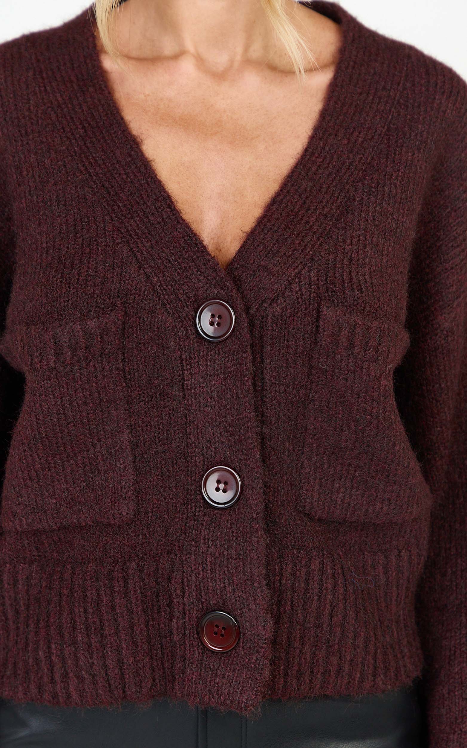 Becka Cardigan - Oversized Recycled Knitted Button Through Cardigan in Wine - View 6