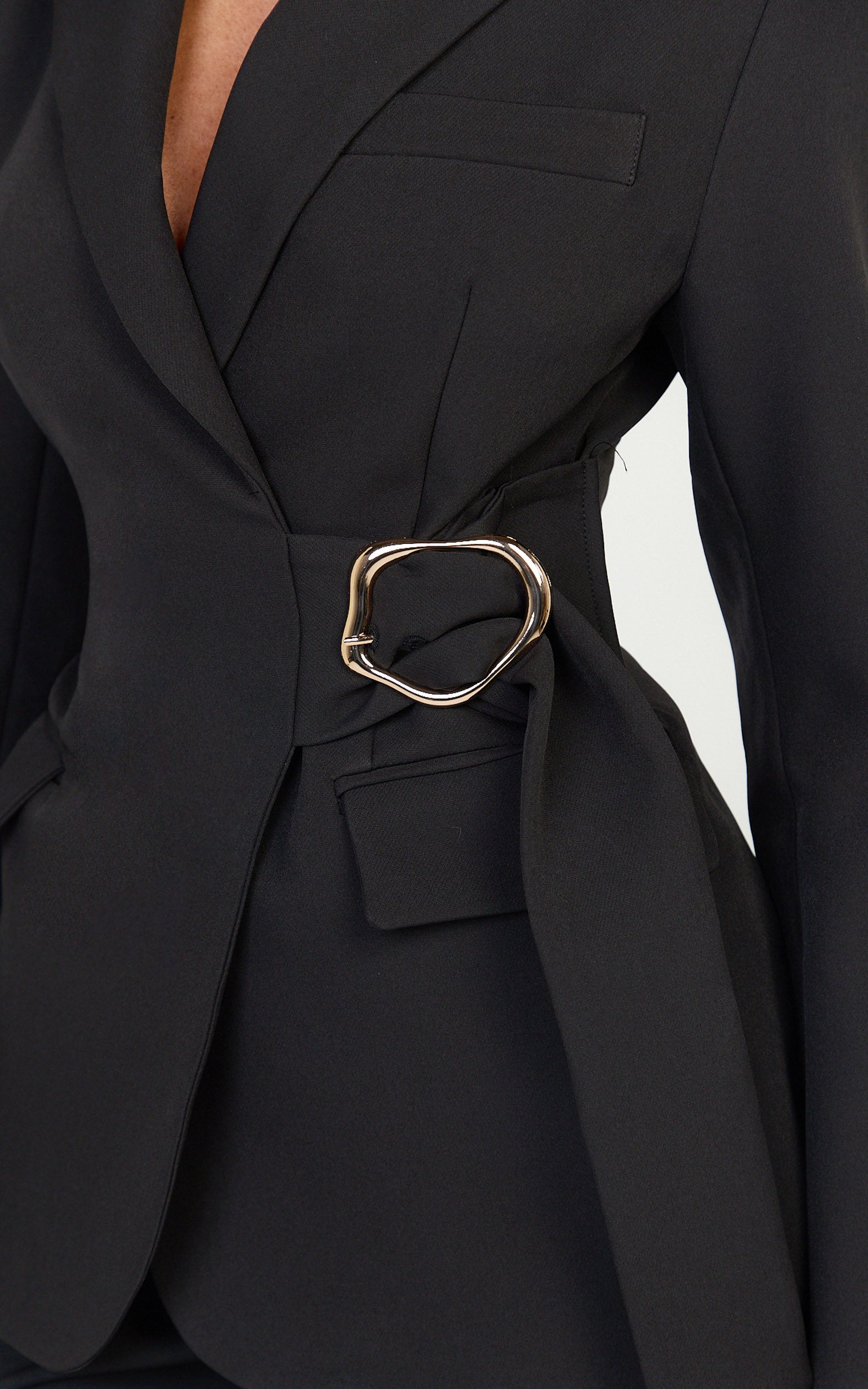 Floriane Blazer - Wrap Front Gold Buckle Detail Blazer in Black - View 6