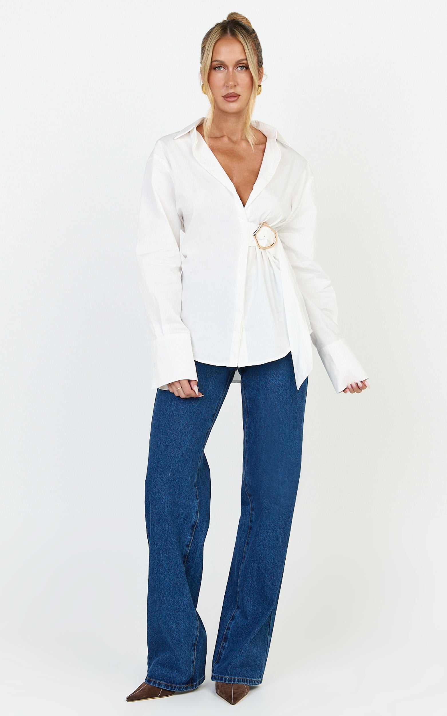 Heloise Top - Wrap Front Buckle and Tie Detail LS Shirt in White - View 2