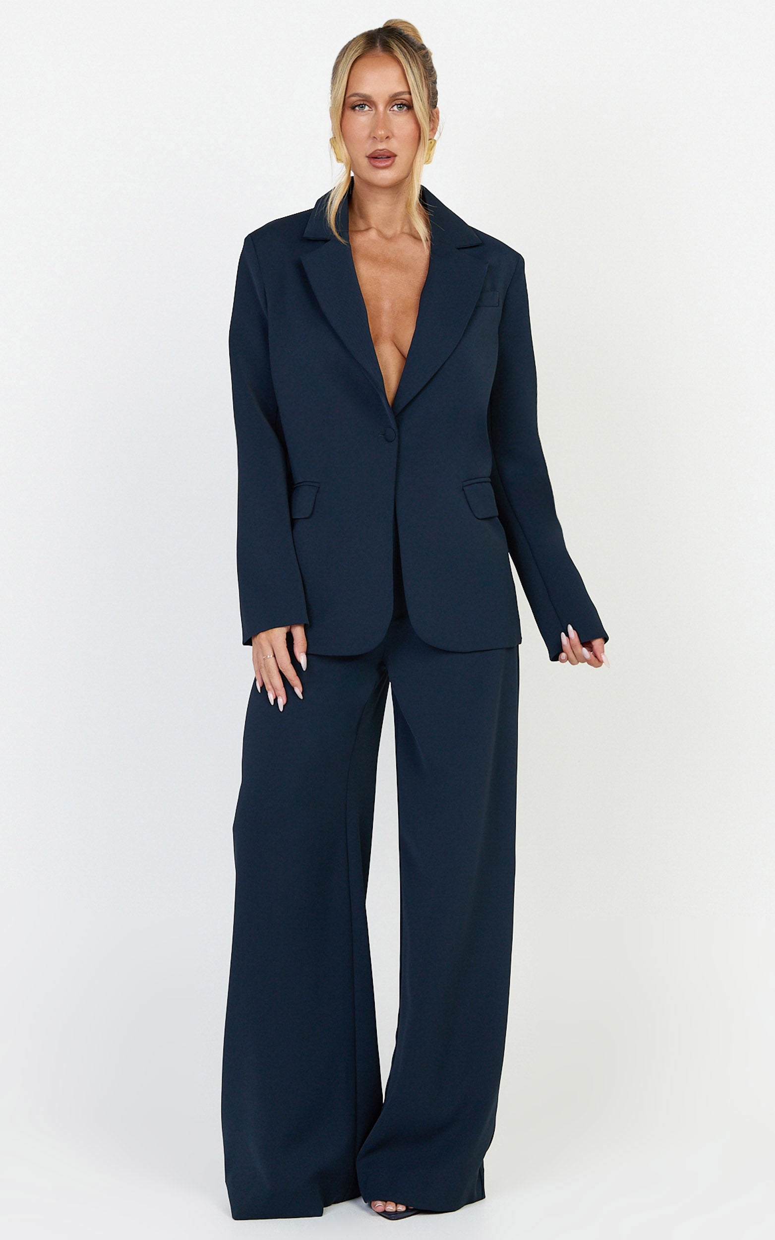 Selena Pants - High Waisted Wide Leg Tailored Pants in Navy - View 1