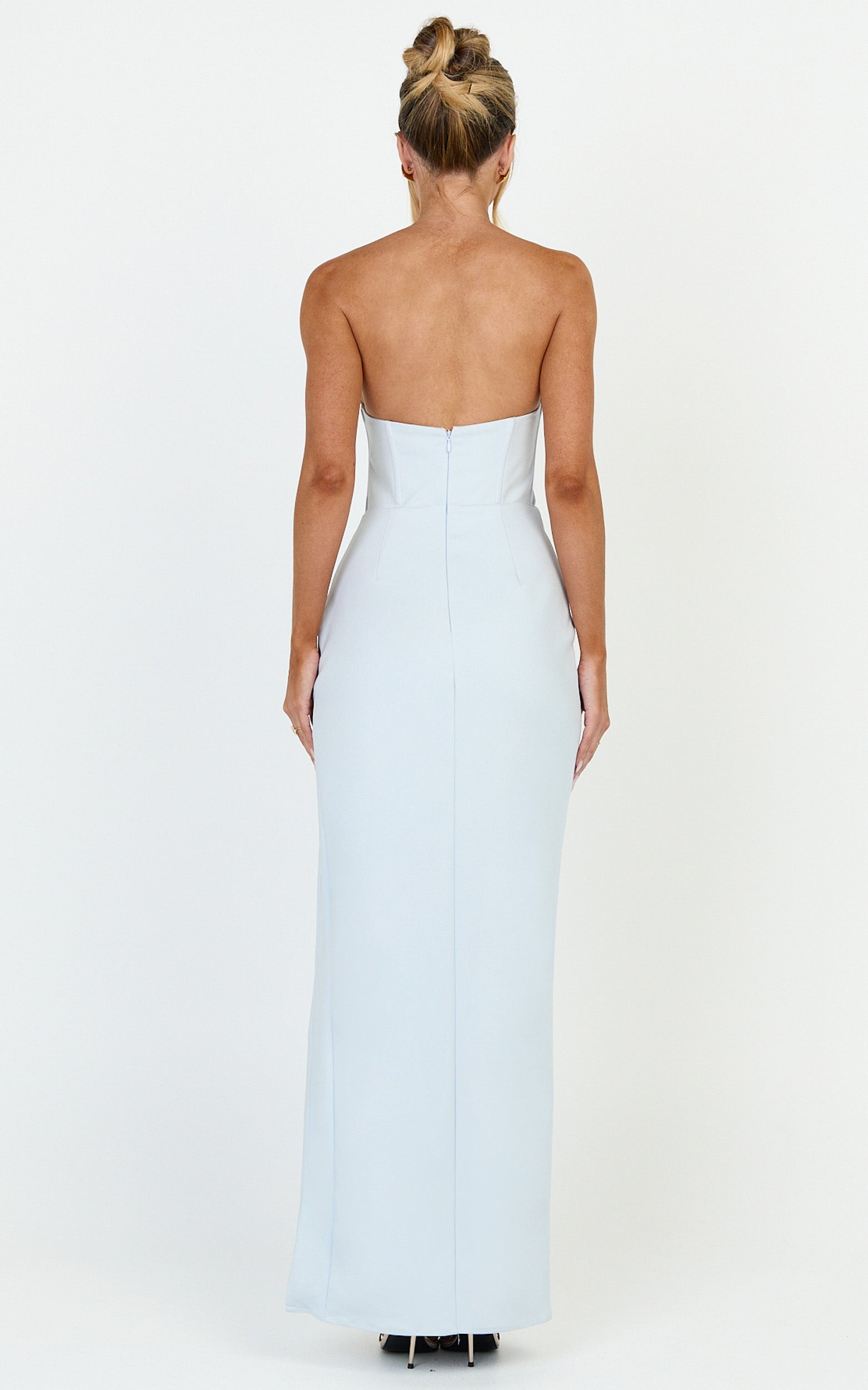 Tasha Midi Dress - Strapless Ruched Bodice Leg Split Dress in Blue - View 5