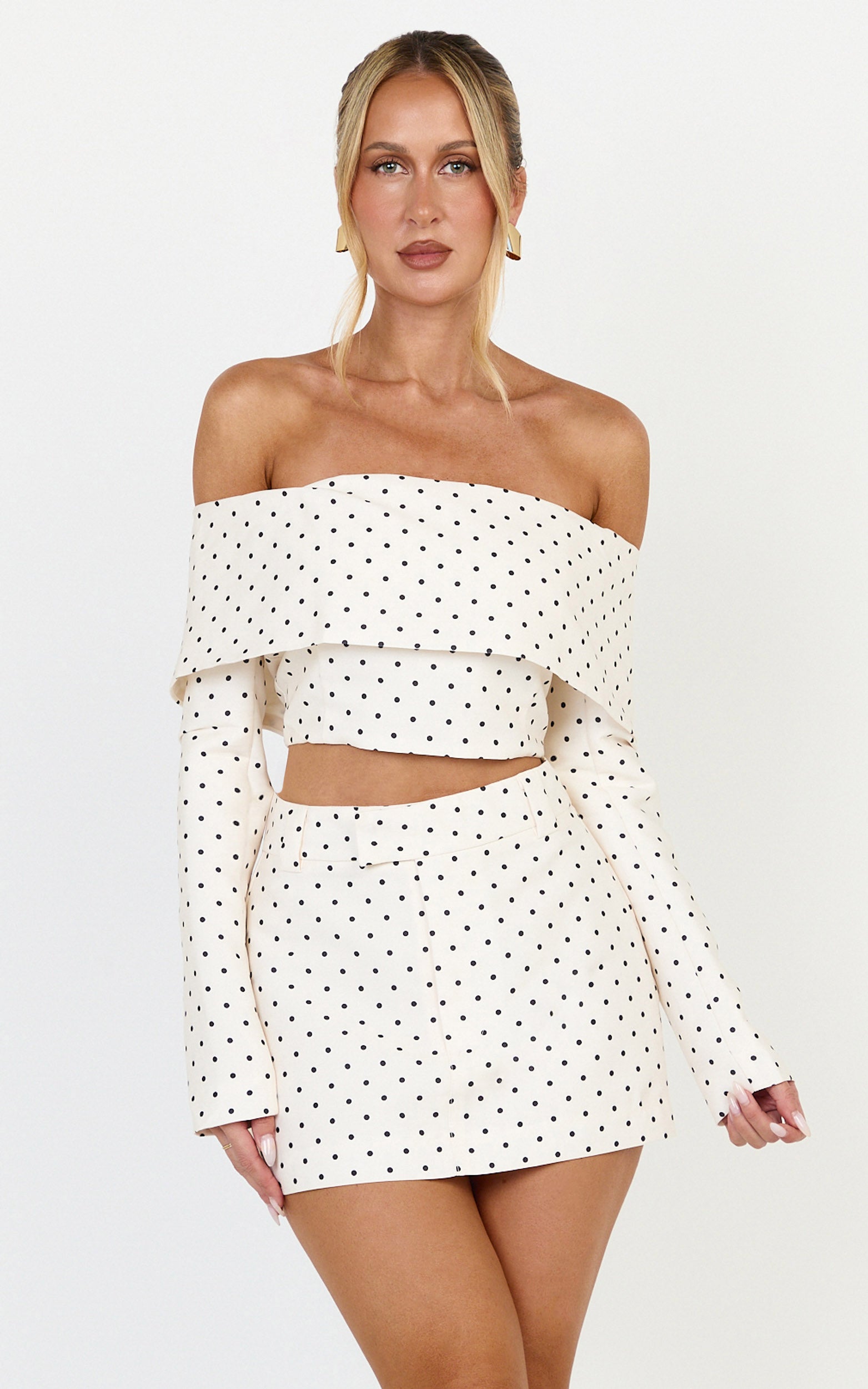 Lana Mini Skirt - Structured Tailored Skirt in Cream/Black Polka Dot - View 2