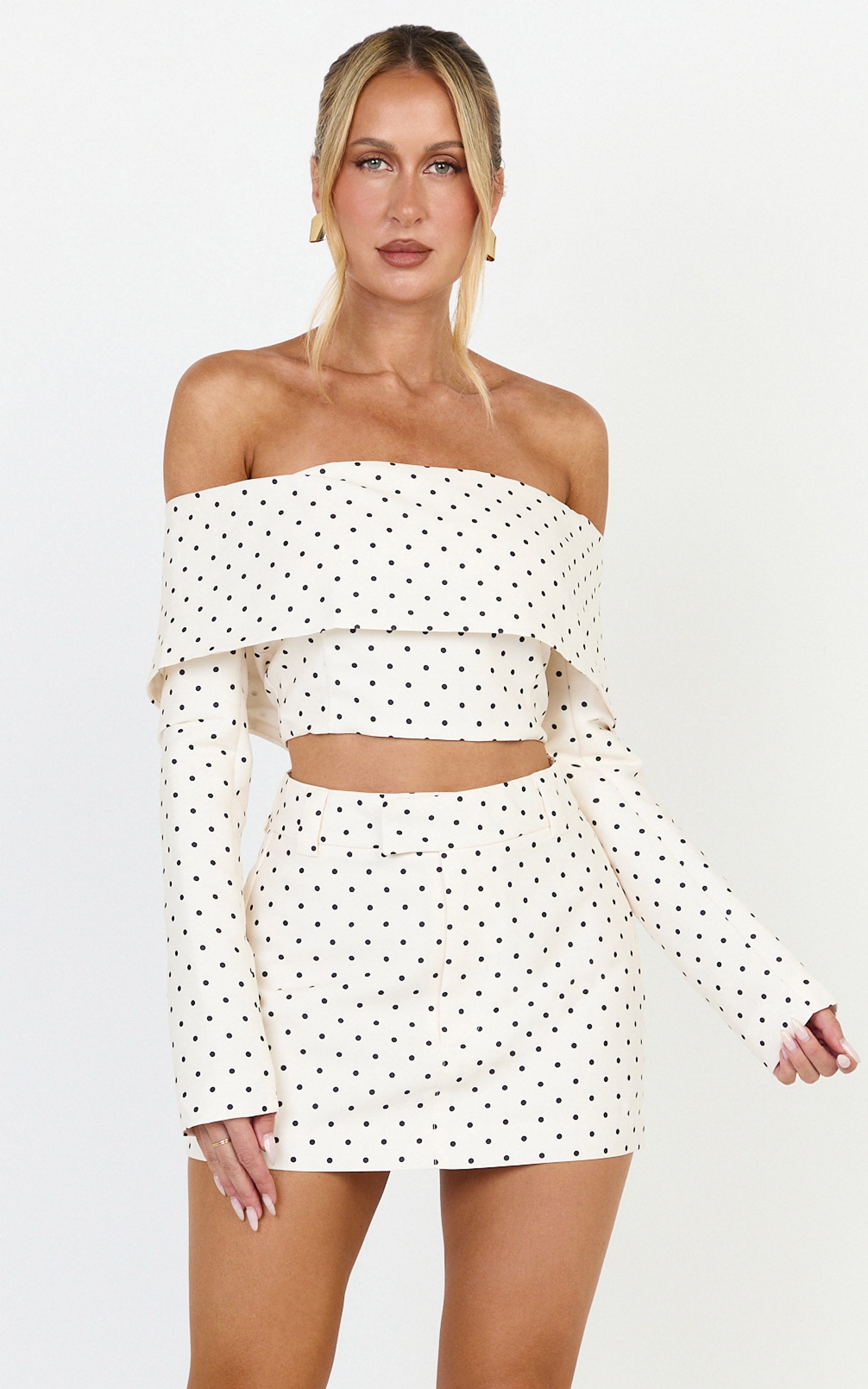 Lana Top - Long Sleeve Off Shoulder Cropped Top in Cream/Black Polka Dot - View 3