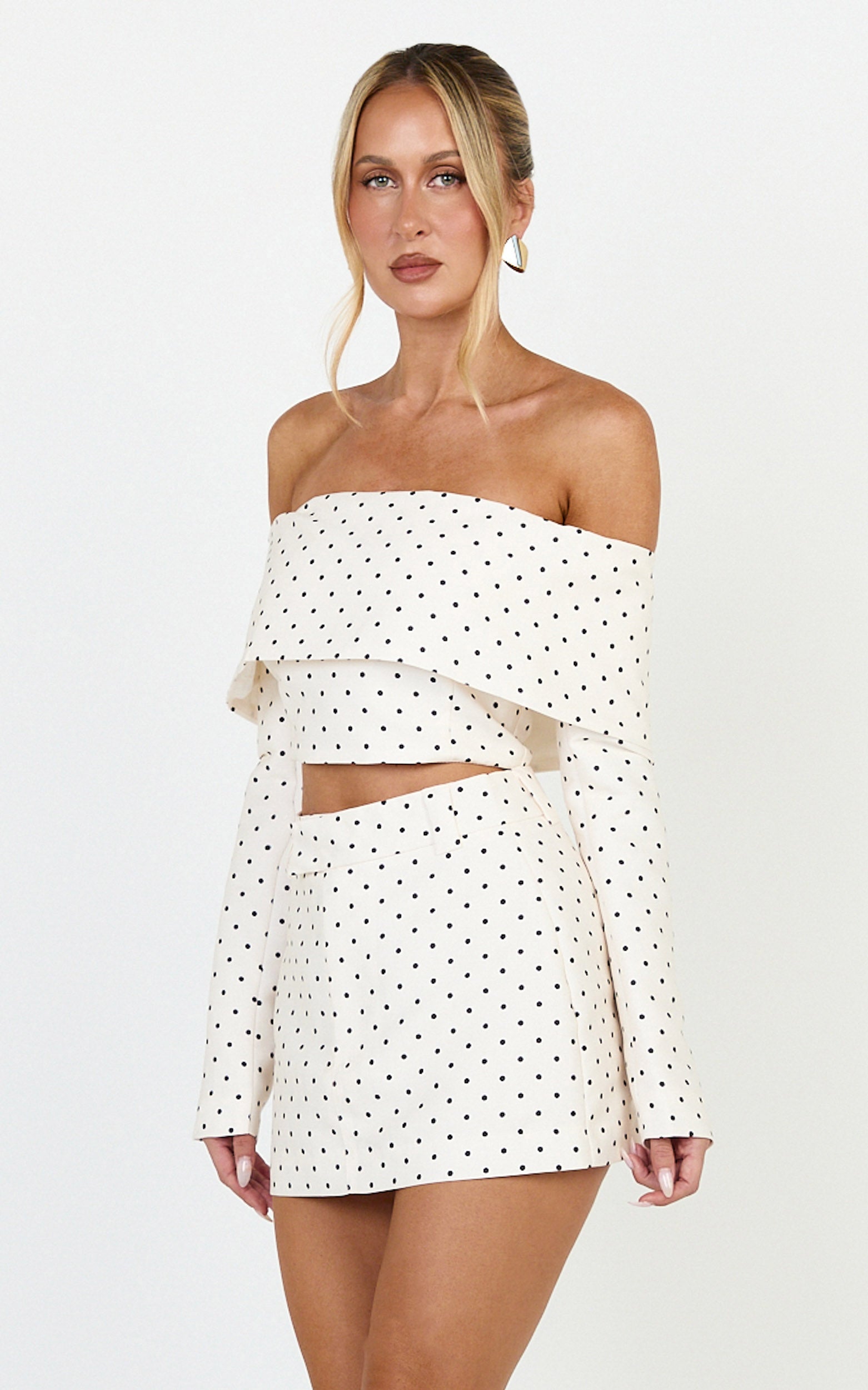 Lana Top - Long Sleeve Off Shoulder Cropped Top in Cream/Black Polka Dot - View 4
