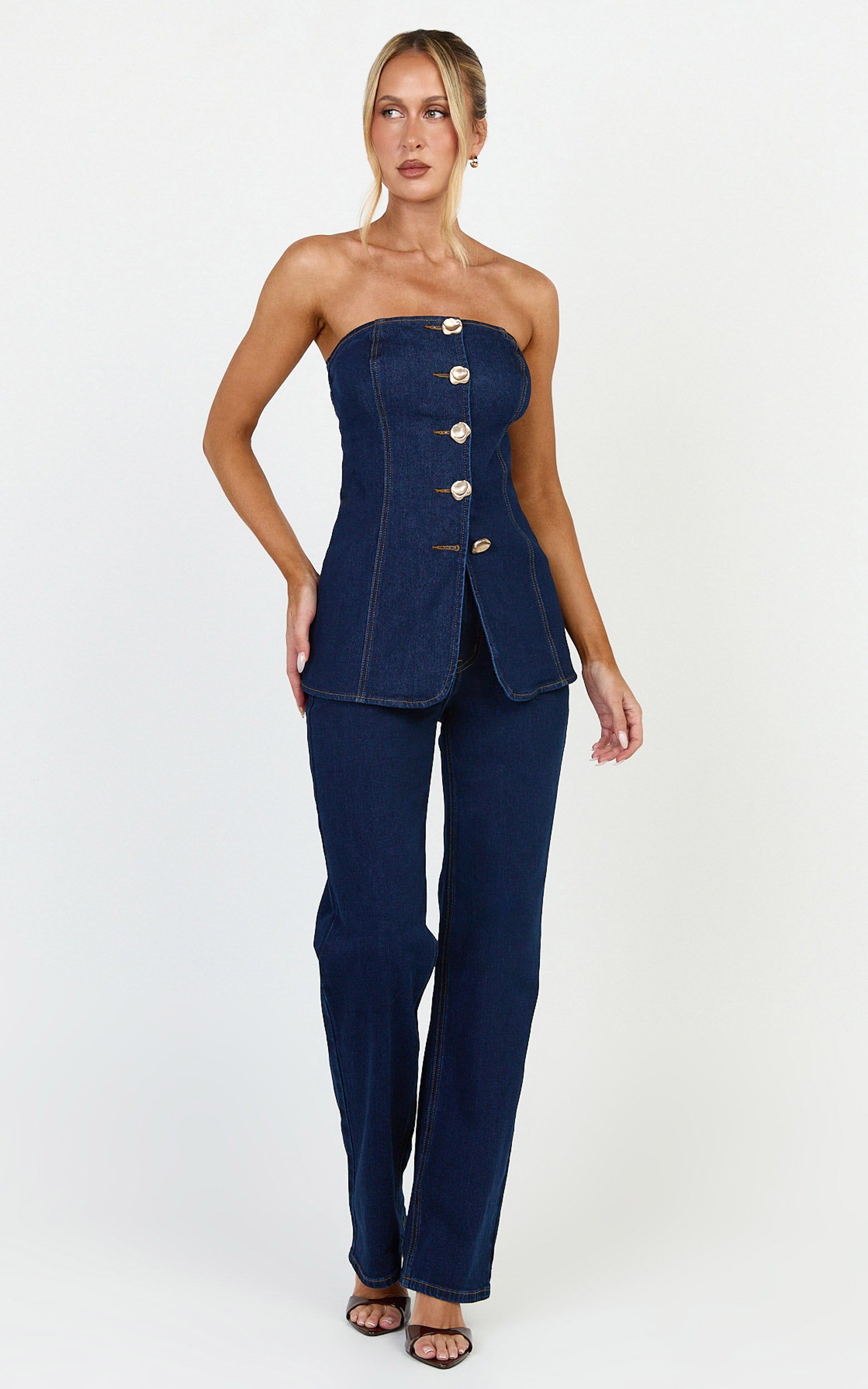 Phoebe Jeans - High Waist Straight Leg Stretch Denim Jeans in Dark Blue Wash - View 2