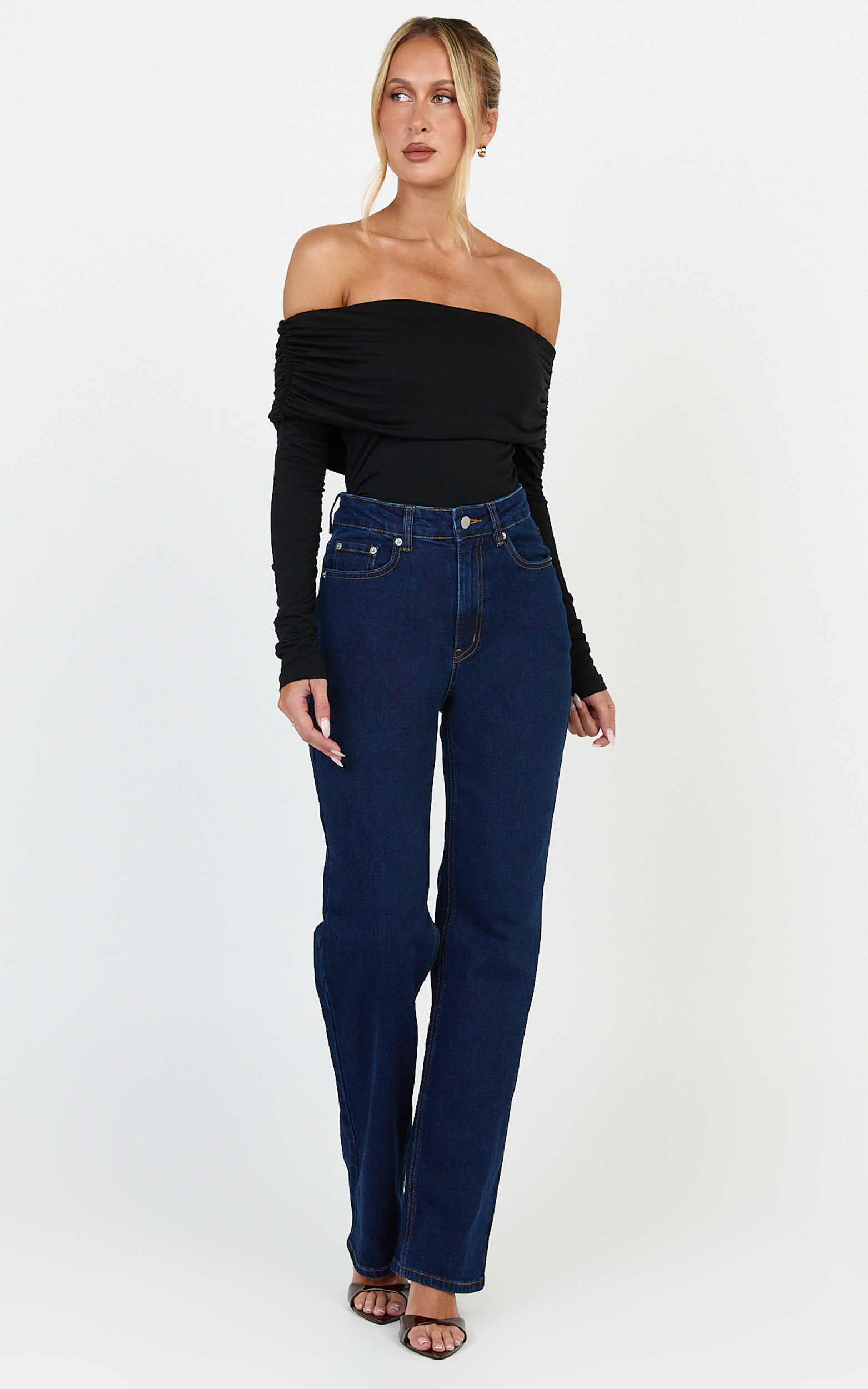 Phoebe Jeans - High Waist Straight Leg Stretch Denim Jeans in Dark Blue Wash - View 4
