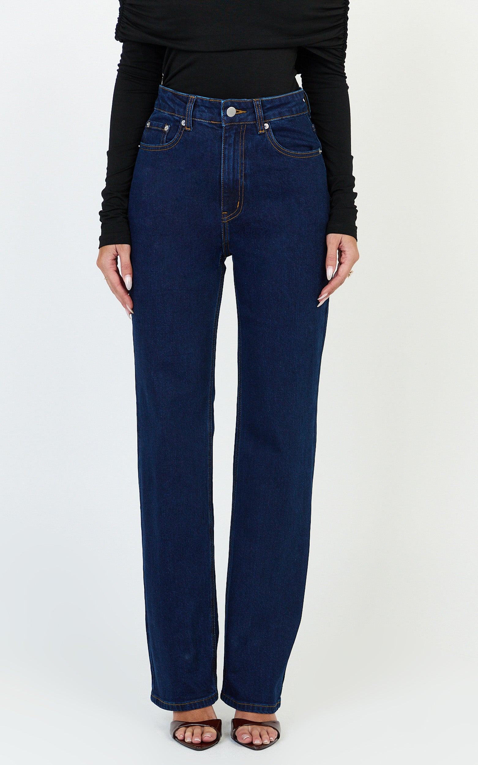 Phoebe Jeans - High Waist Straight Leg Stretch Denim Jeans in Dark Blue Wash - View 3