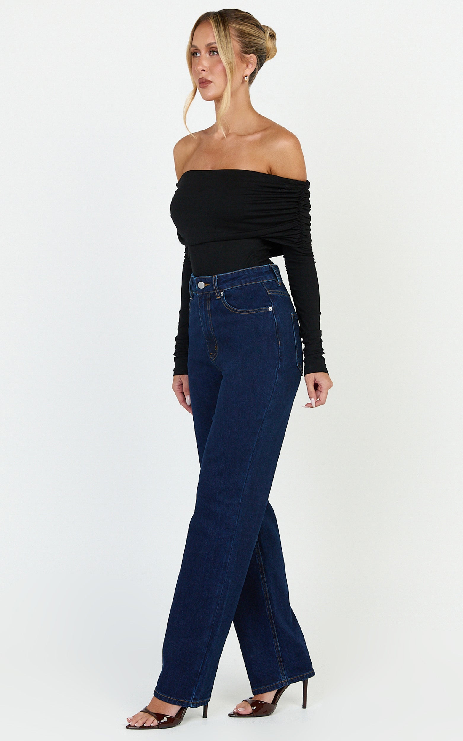 Phoebe Jeans - High Waist Straight Leg Stretch Denim Jeans in Dark Blue Wash - View 5