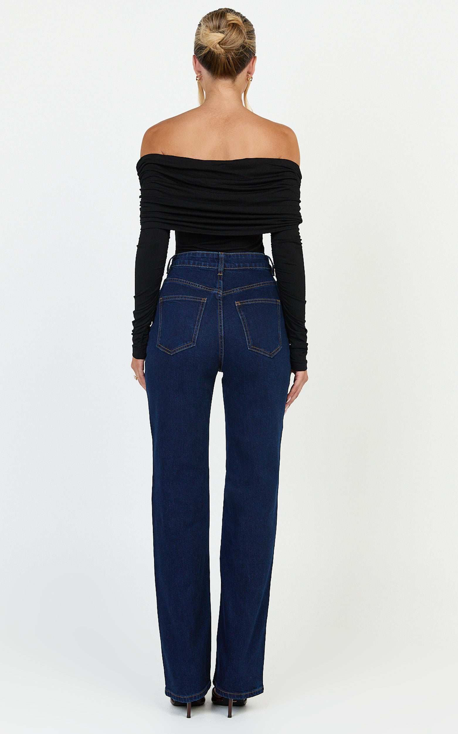 Phoebe Jeans - High Waist Straight Leg Stretch Denim Jeans in Dark Blue Wash - View 6