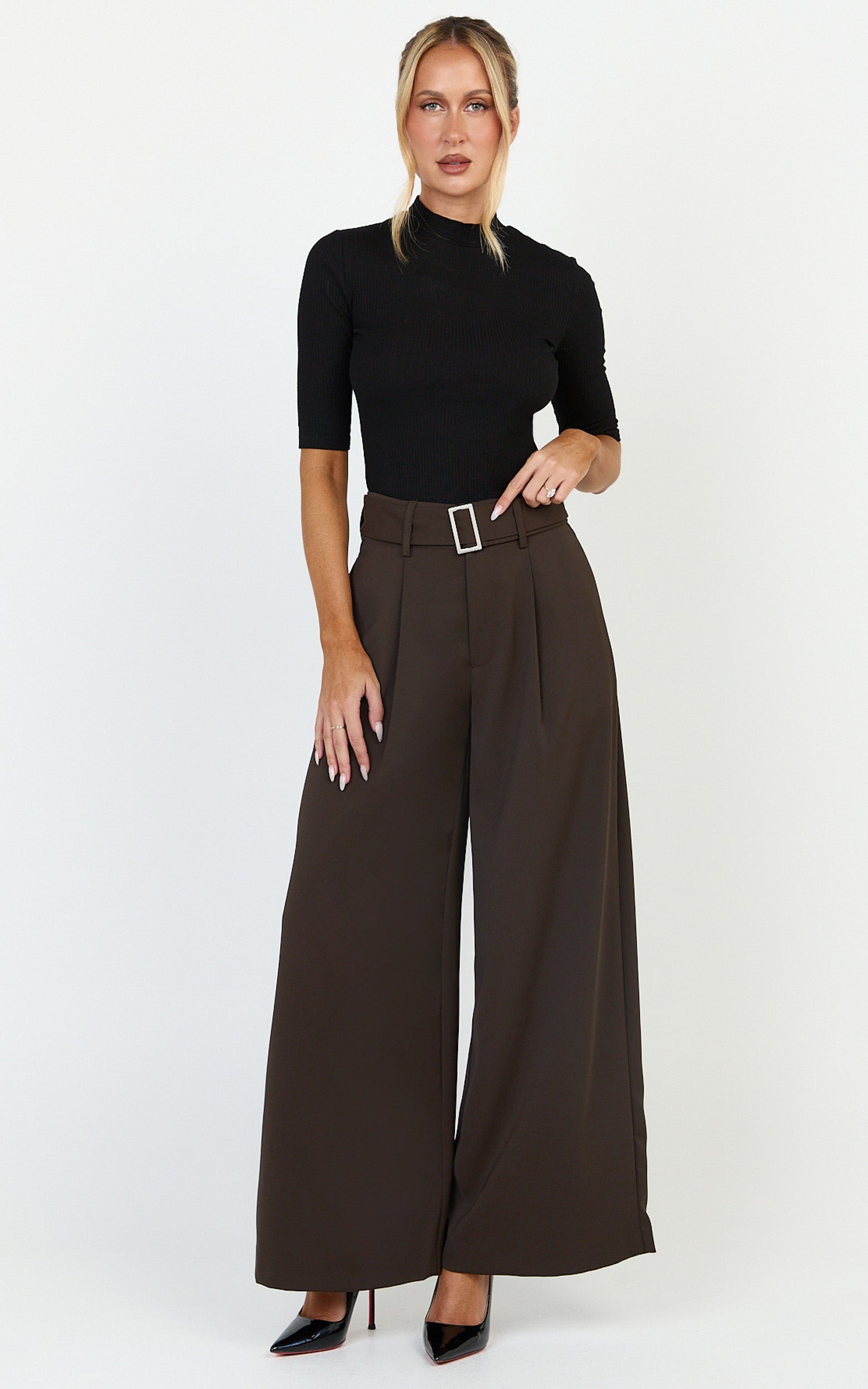 Stella Pants - High Waist Belted Wide Leg Pants in Dark Brown - View 3