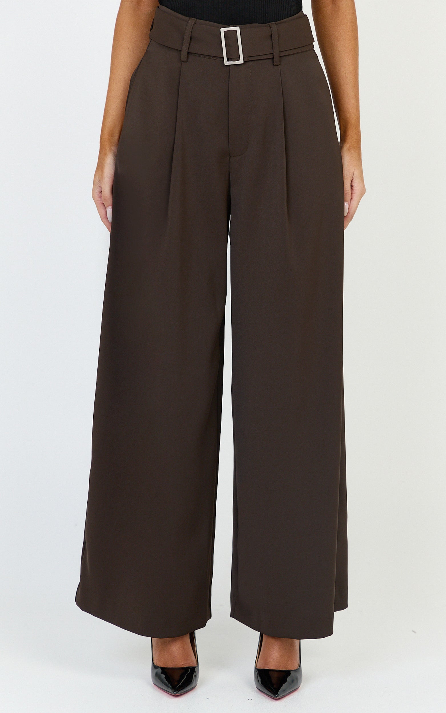 Stella Pants - High Waist Belted Wide Leg Pants in Dark Brown - View 2