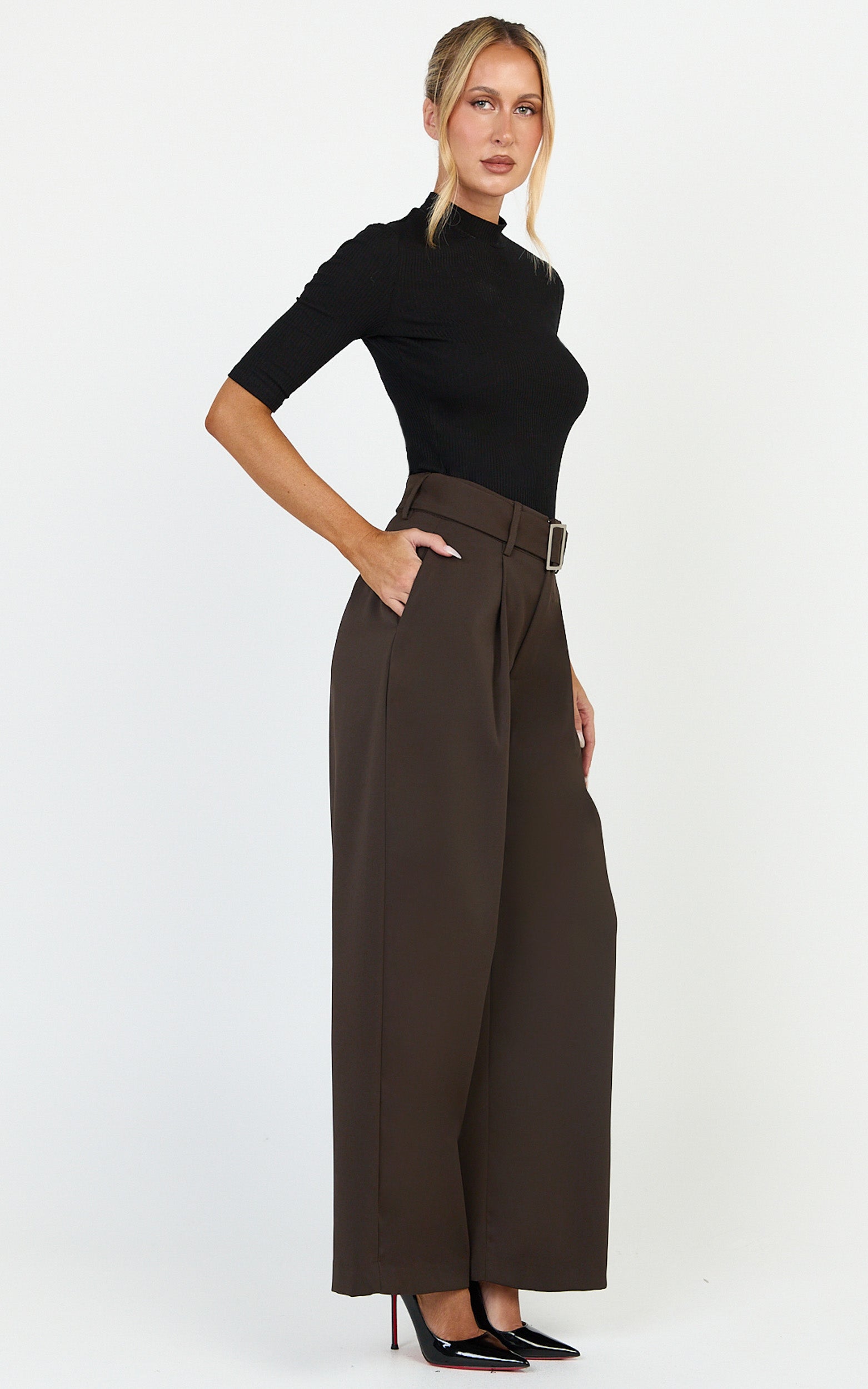 Stella Pants - High Waist Belted Wide Leg Pants in Dark Brown - View 4