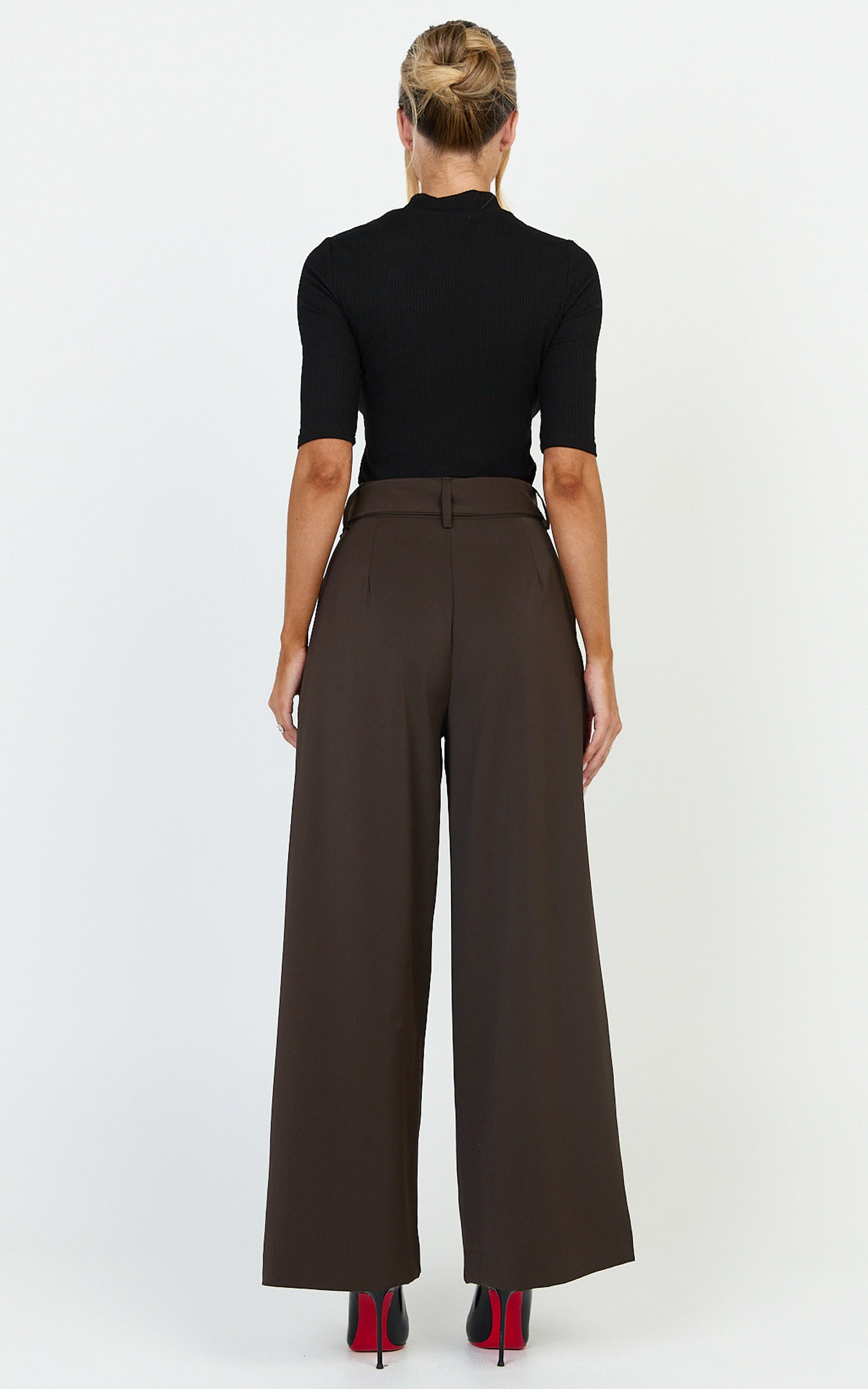 Stella Pants - High Waist Belted Wide Leg Pants in Dark Brown - View 5