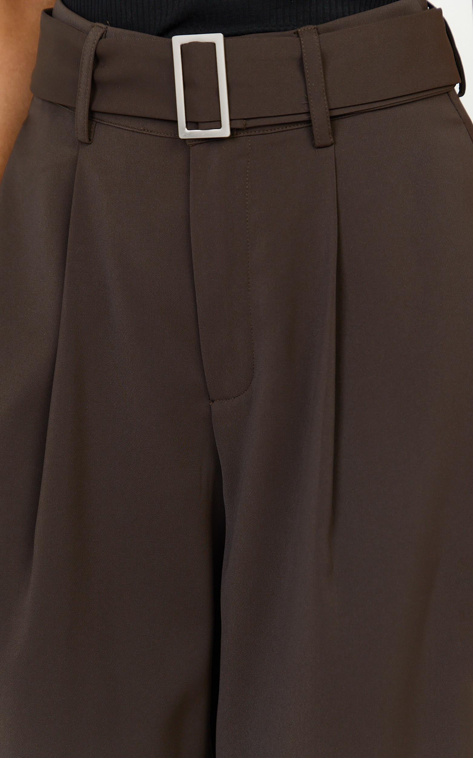 Stella Pants - High Waist Belted Wide Leg Pants in Dark Brown - View 6