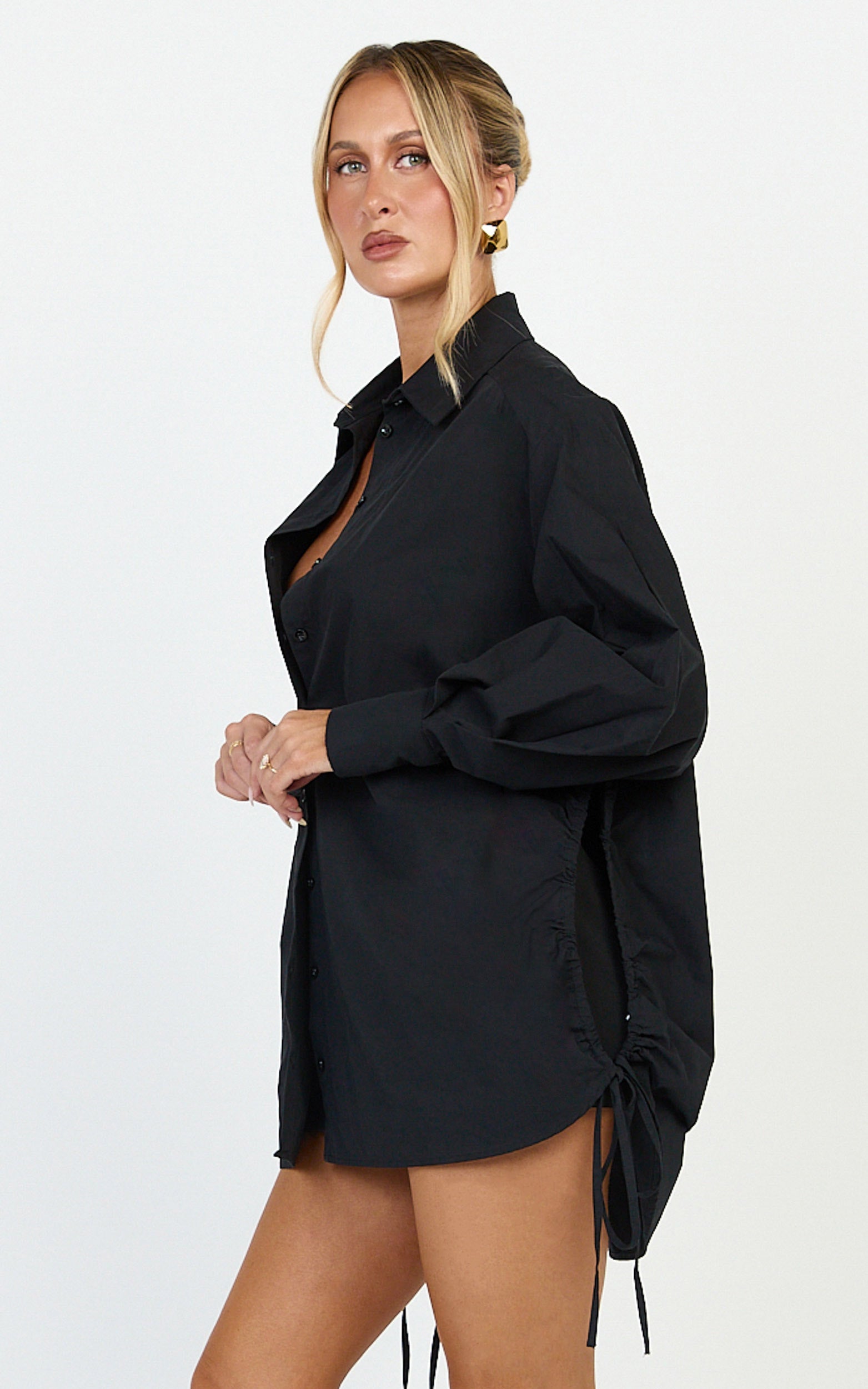 Kalpena Shirt - Ruched Side Oversized Shirt in Black - View 4