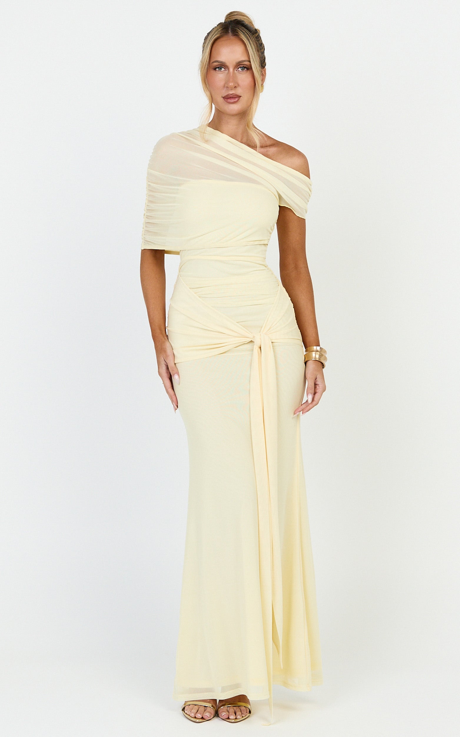 Nicolette Maxi Dress - Cape Sleeve Off Shoulder Dress in Yellow - View 3