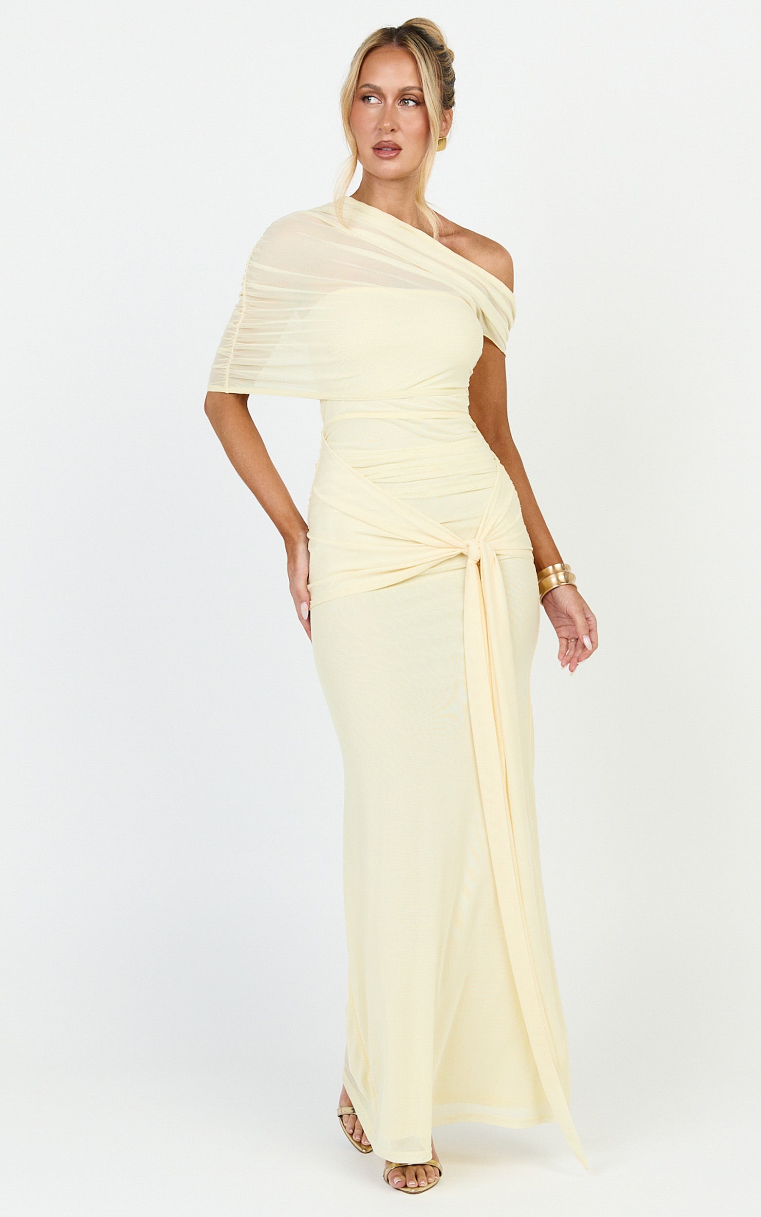 Nicolette Maxi Dress - Cape Sleeve Off Shoulder Dress in Yellow - View 4