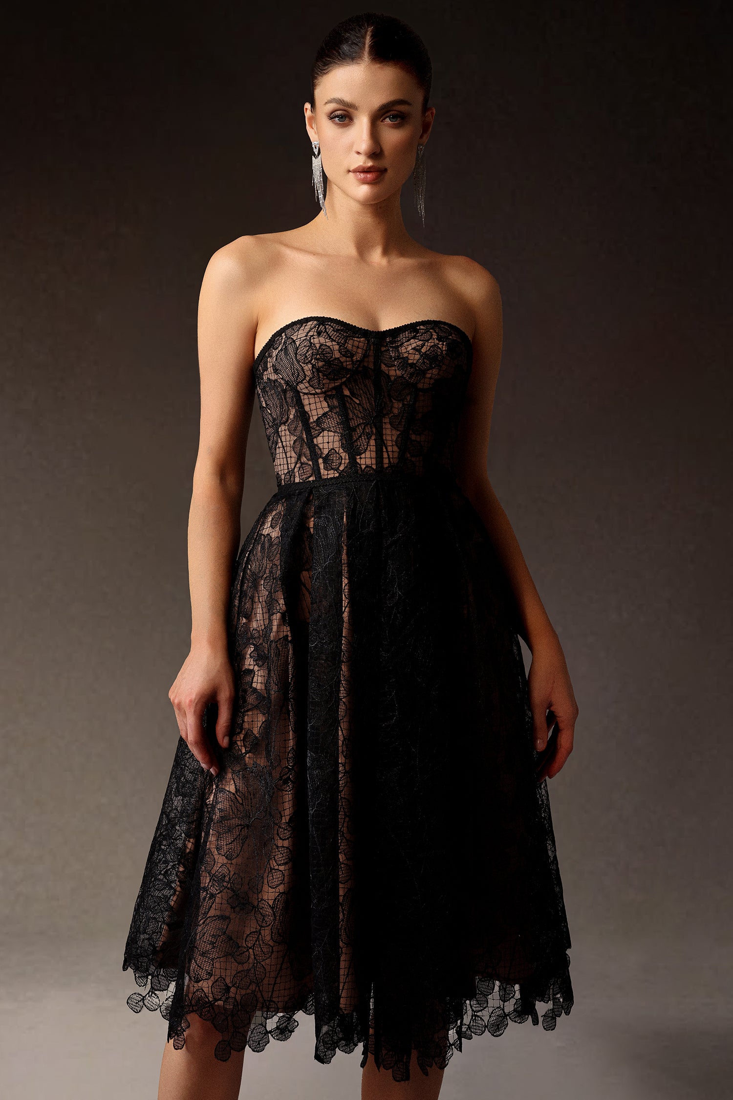 Venal Strapless Lace Corset Midi Dress