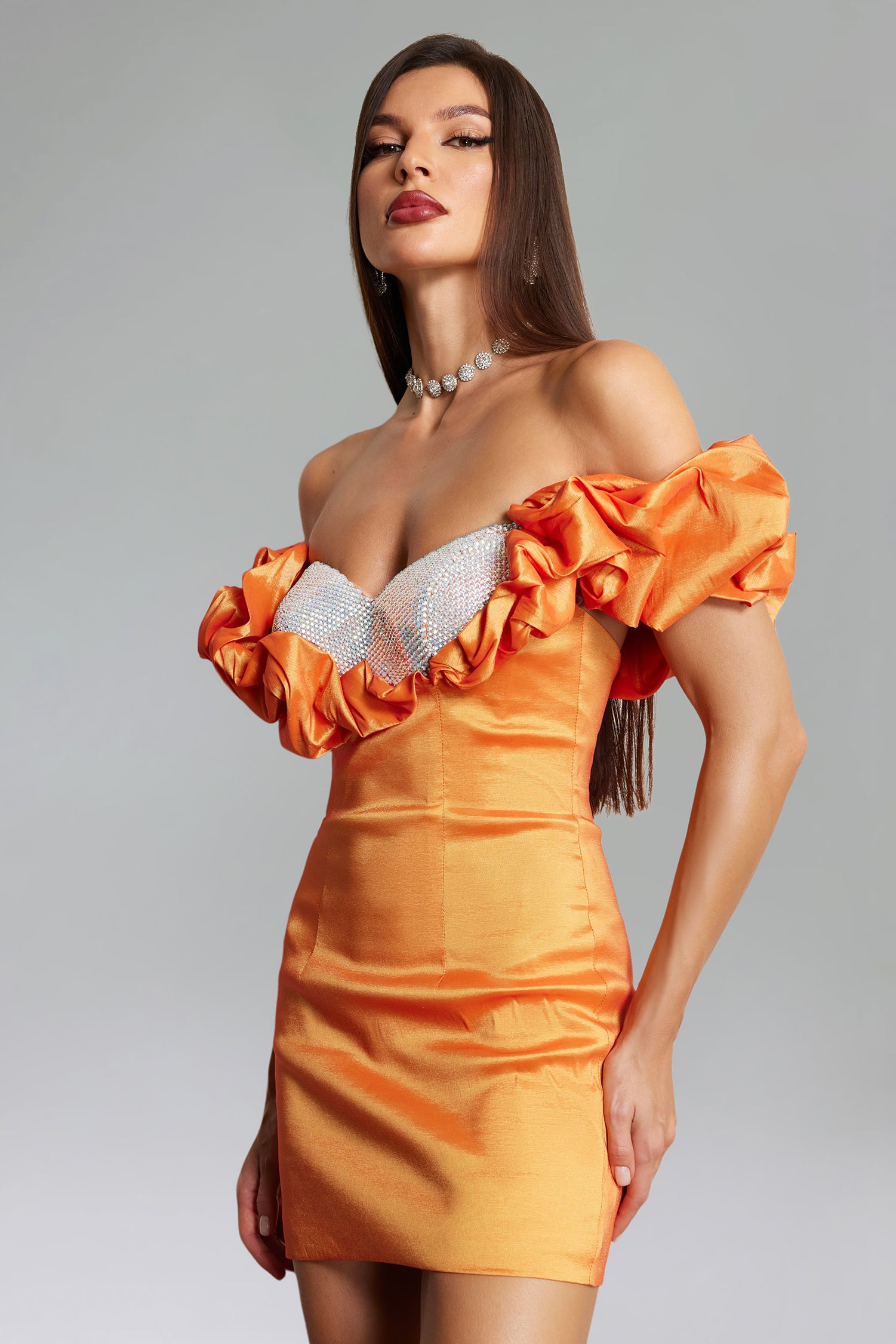 Locia Puff Off Shoulder Diamante Mini Dress - Orange