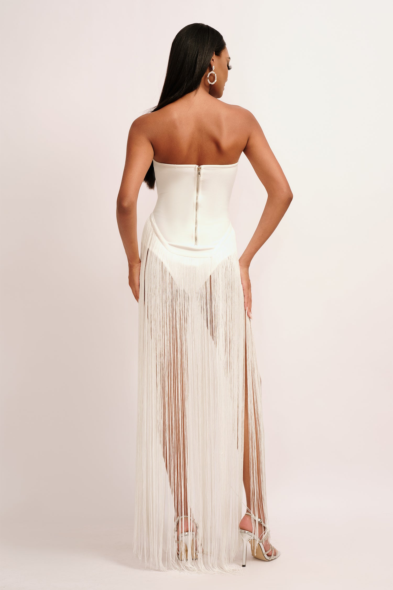 Valentina Strapless Fringe Dress- White