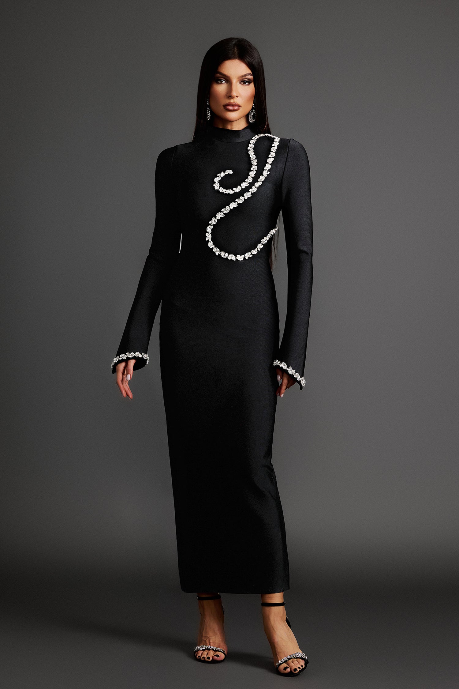 Hutuny Diamond Setting Long Sleeve Bandage Maxi Dress