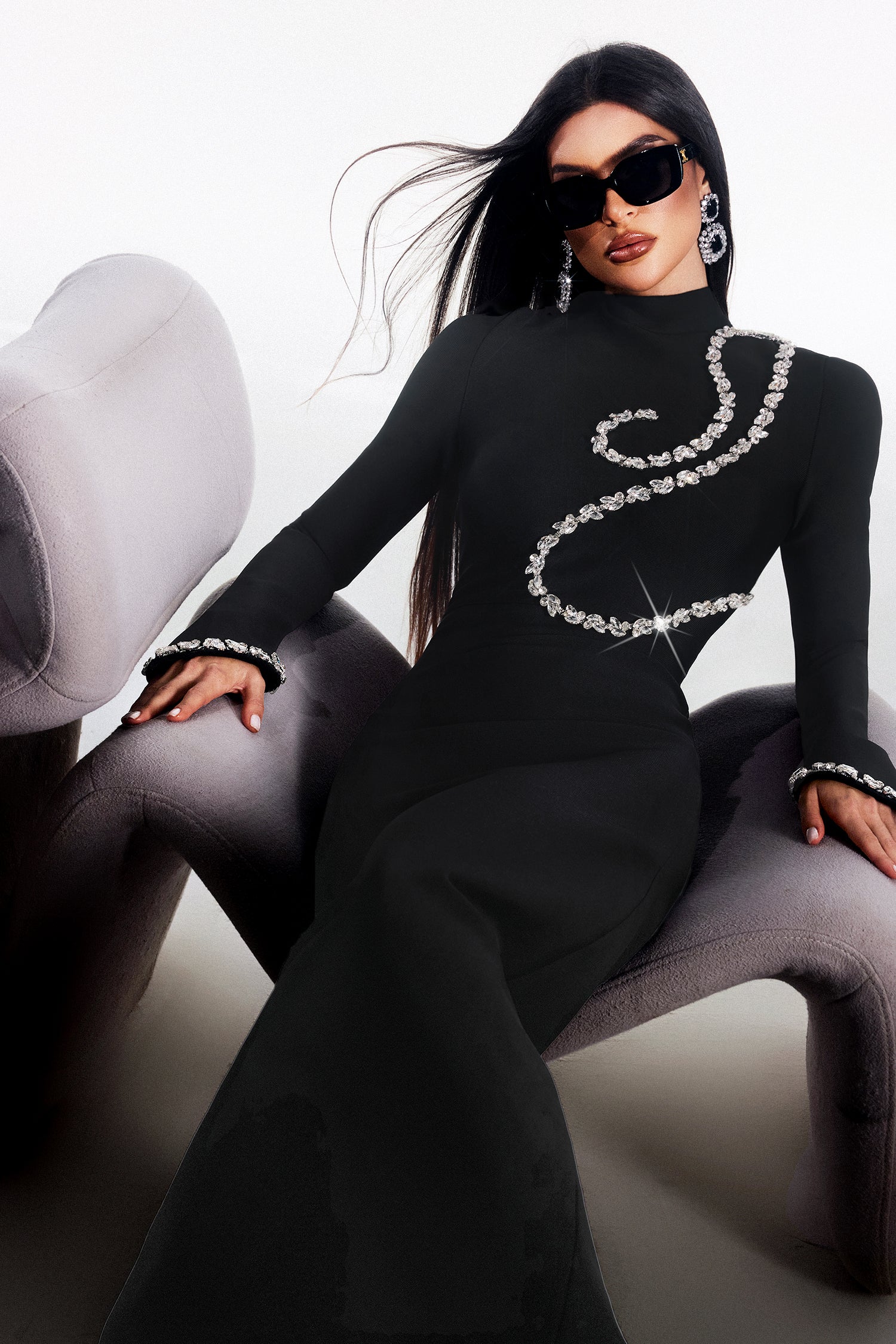 Hutuny Diamond Setting Long Sleeve Bandage Maxi Dress