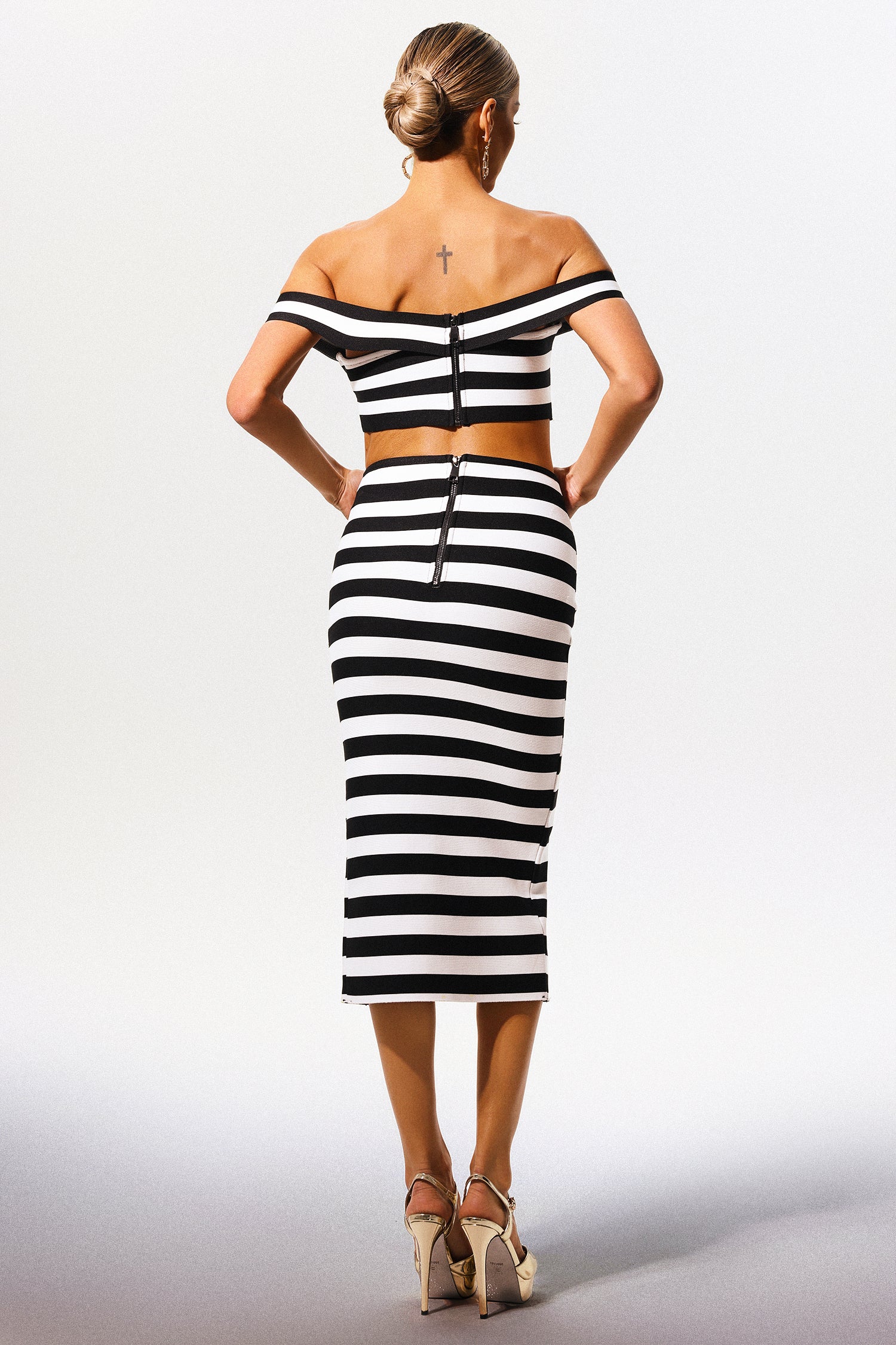 Martha Straight Shoulder Hollow Out Slit Bandage Midi Two-Piece Set