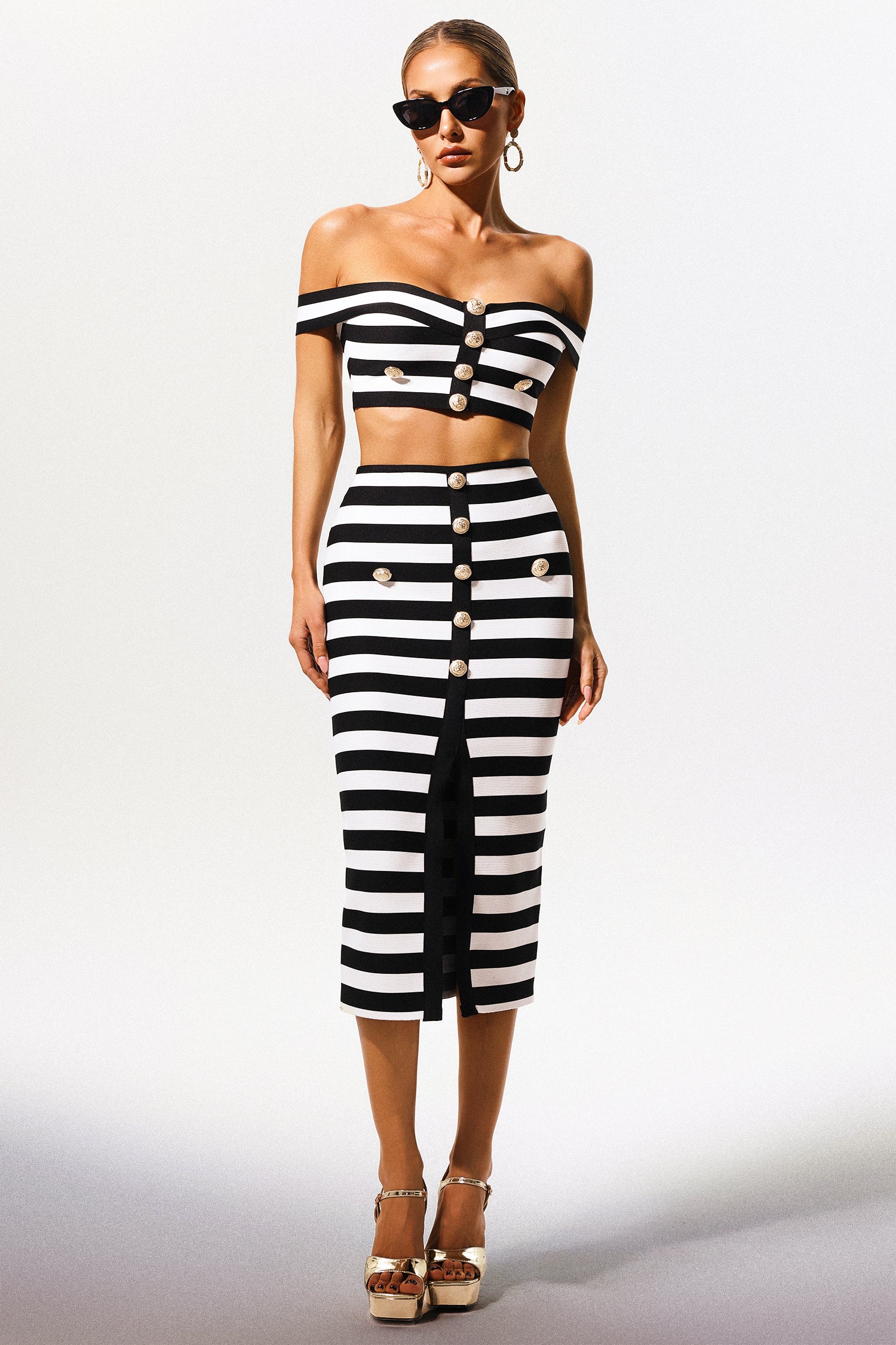 Martha Straight Shoulder Hollow Out Slit Bandage Midi Two-Piece Set