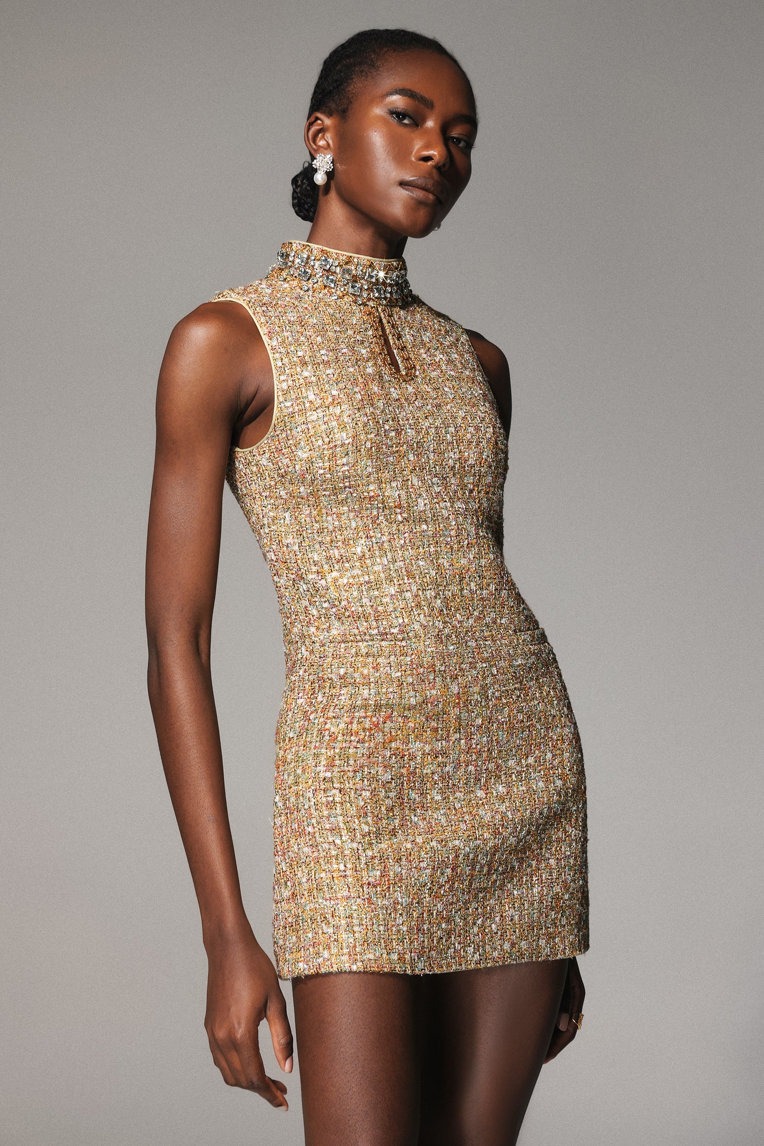 Jillian Diamond Mid-Neck Sleeveless Tweed Mini Dress