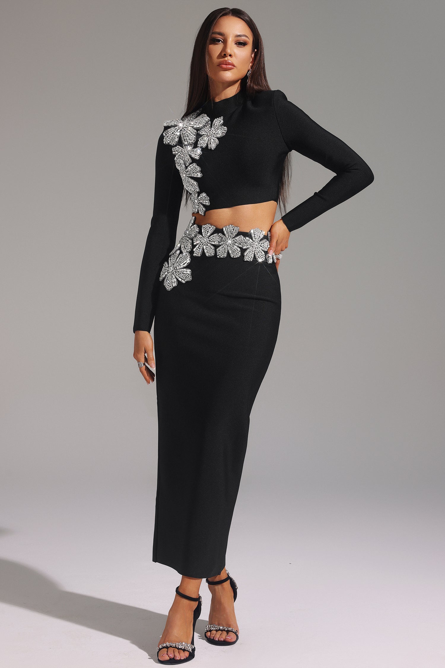 Ulama Choker Long Sleeve Diamond Flowers Bandage Maxi Two-Piece Set