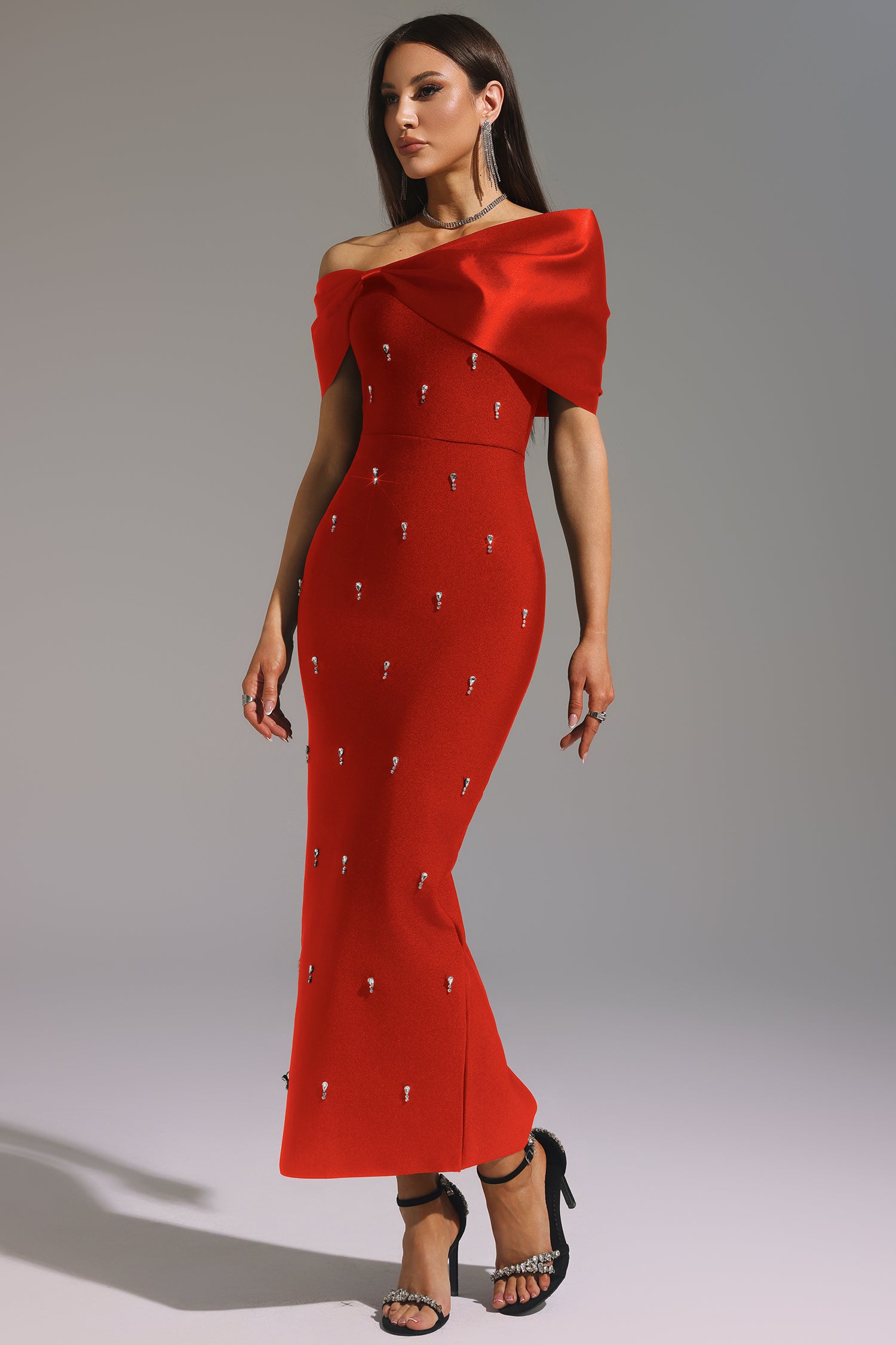 Palez Sleeveless One Shoulder Diamond Bow Bandage Maxi Dress