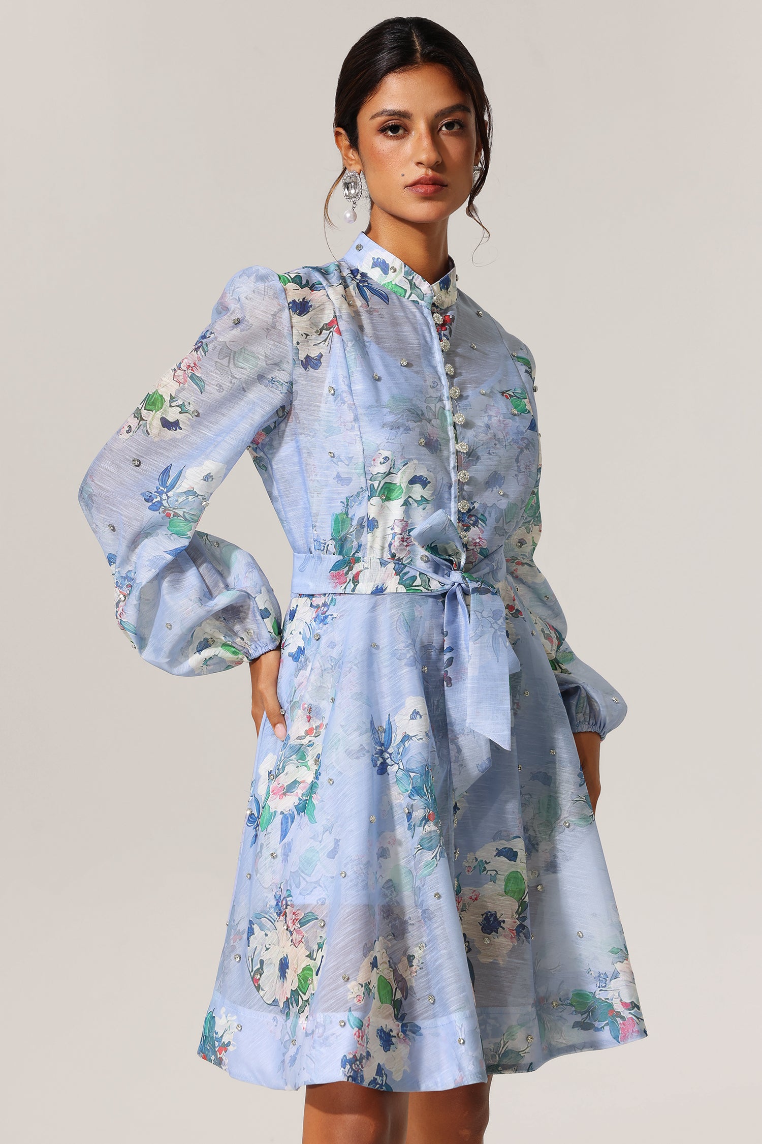 Riza Diamond Floral Printed Long Sleeves Mini Dress