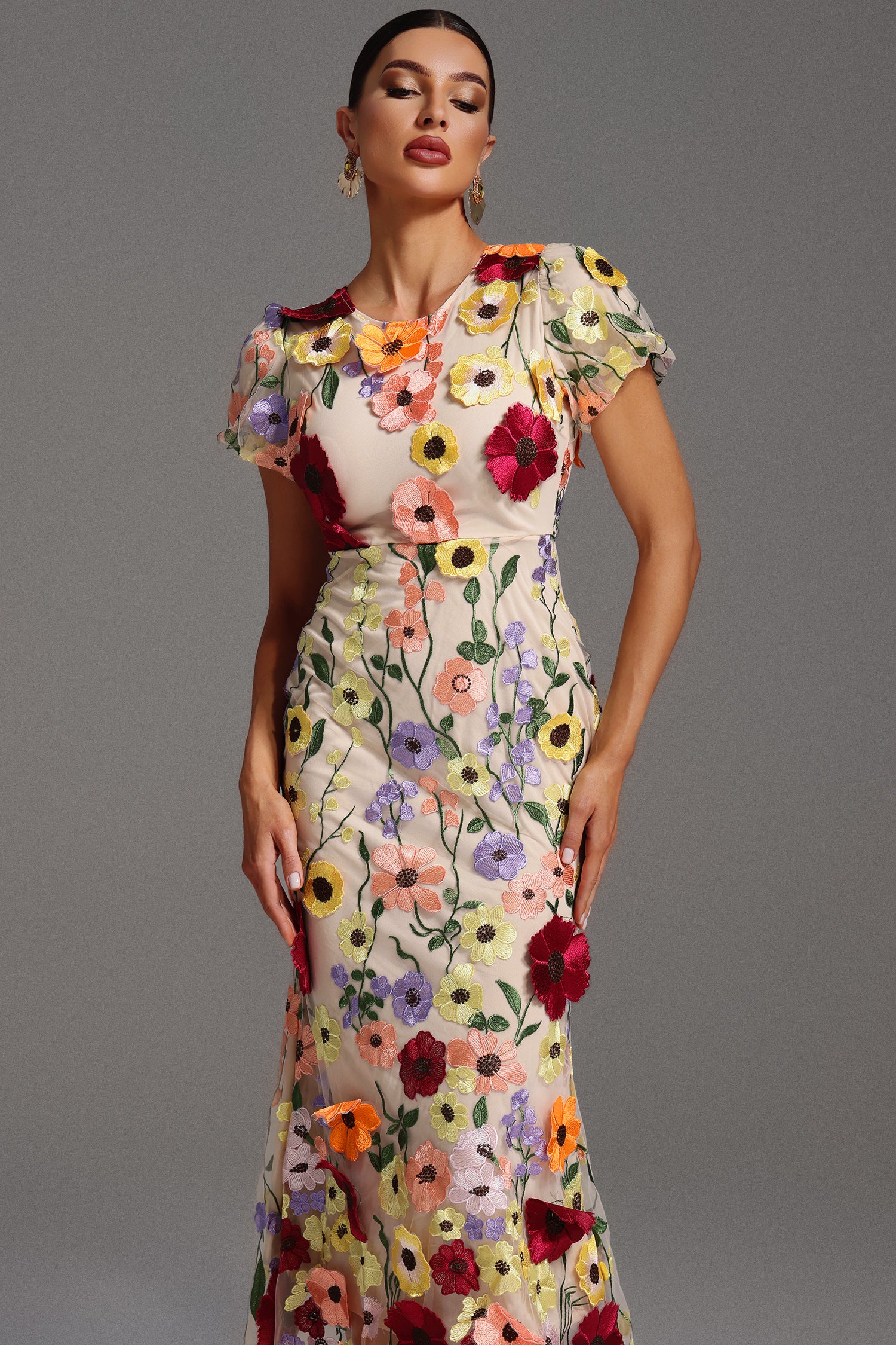 Naya Short Sleeve Round Neck Flowers Fishtail Maxi Dress