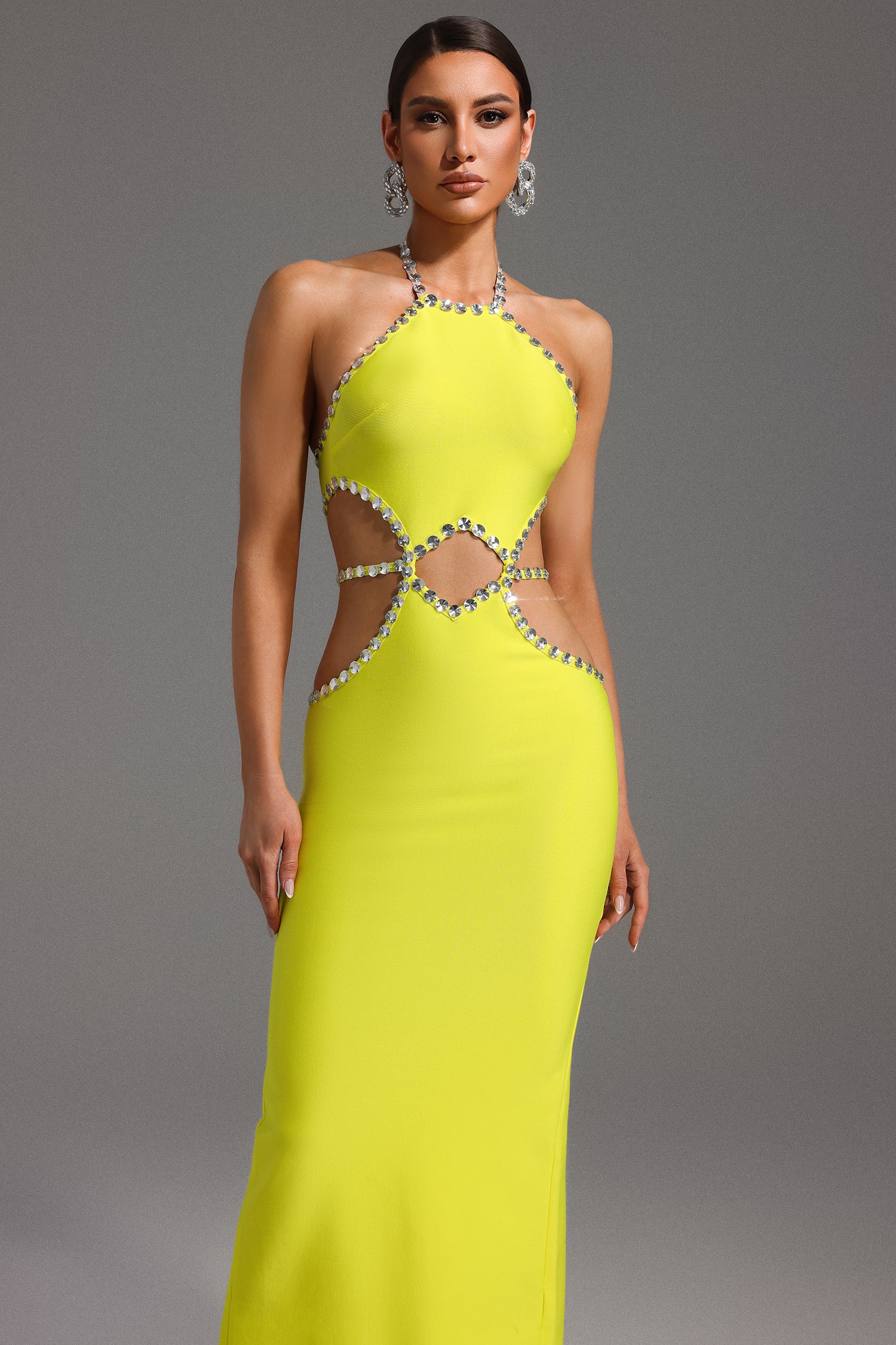 Juyce Halter Sleeveless Hollow Out Diamond Bandage Maxi Dress