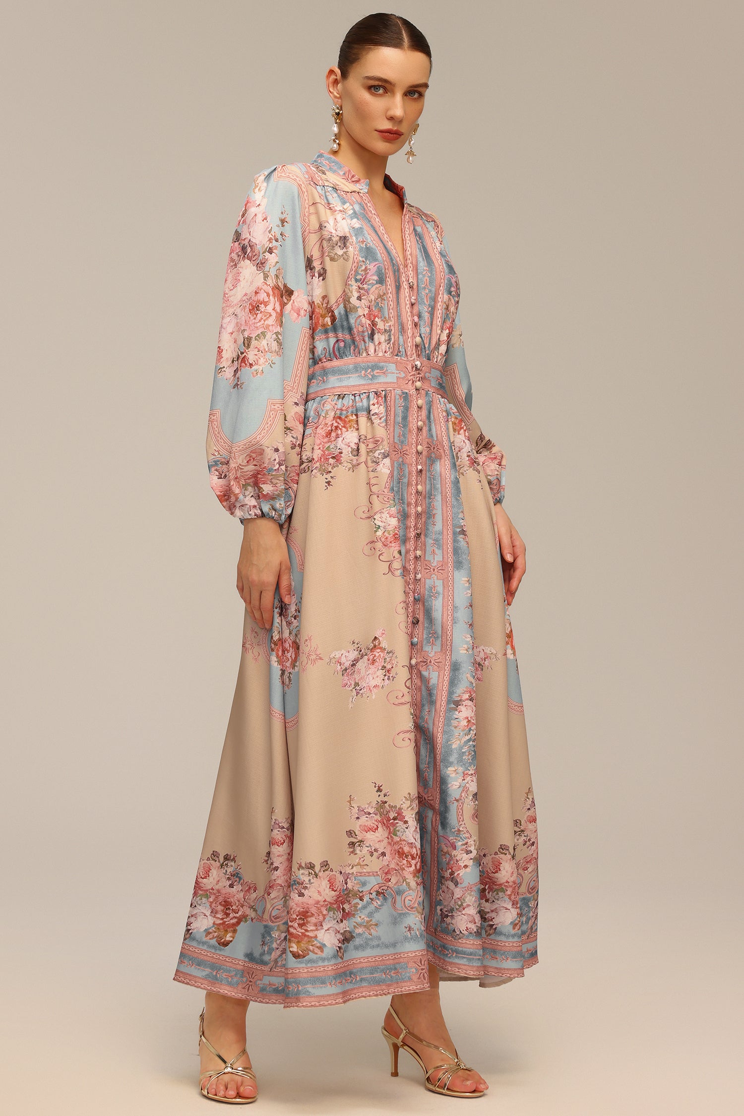 Dorte Long Sleeve Floral Printed Maxi Dress