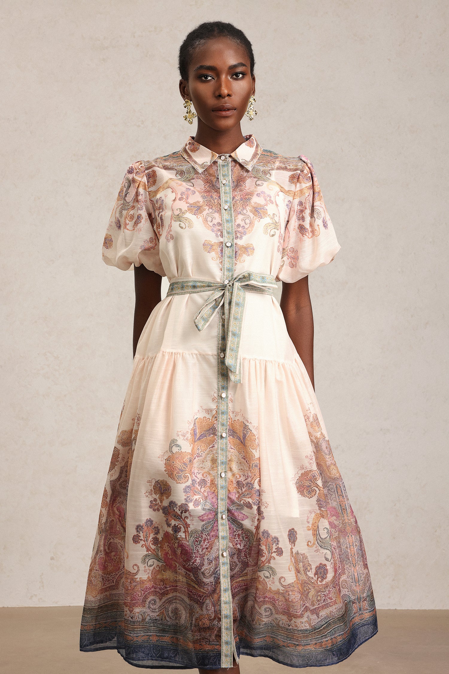 Tusare Lapel Floral Printed Midi Dress