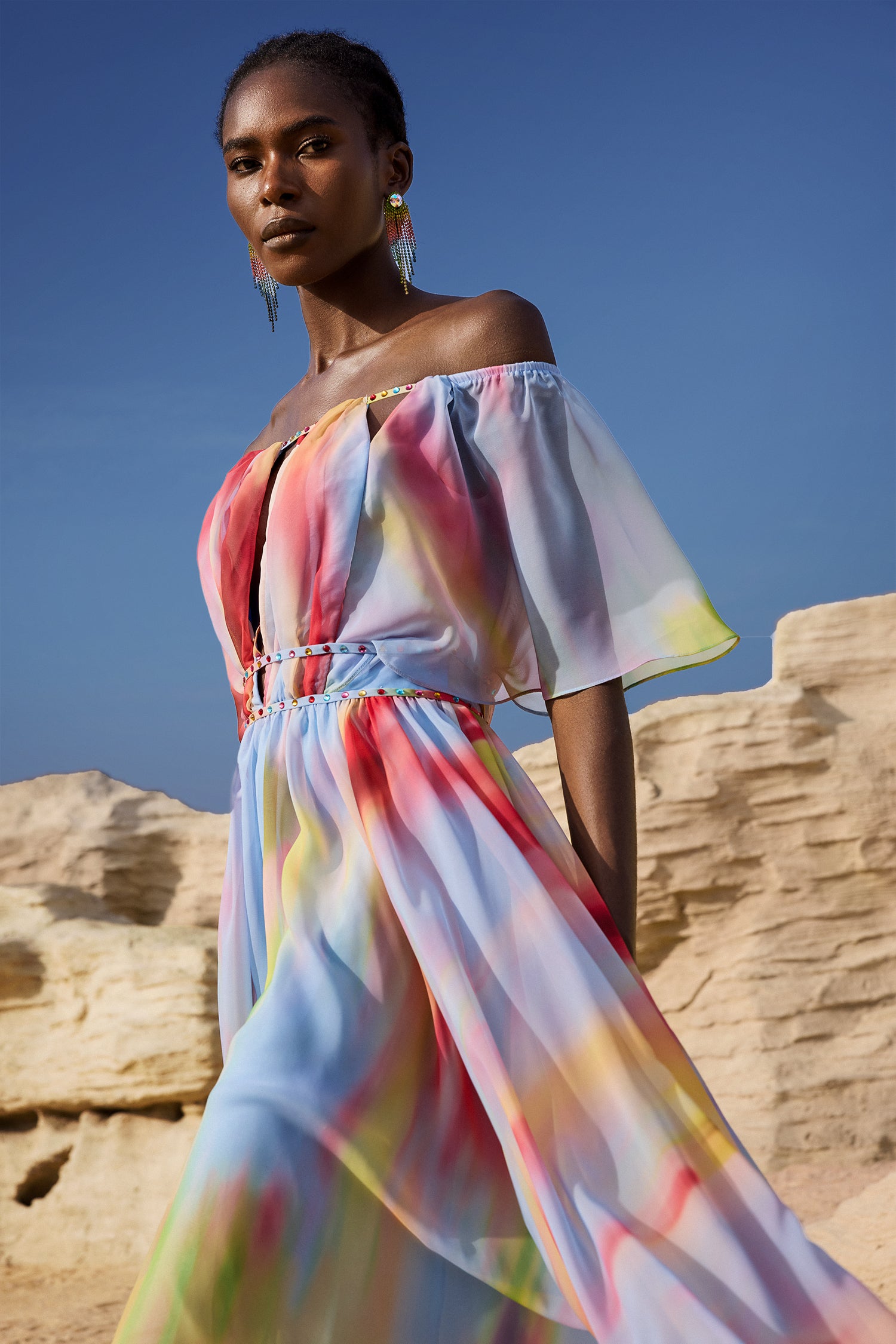 Zaysha Off-The-Shoulder Hollow Out Printing Midi Dress