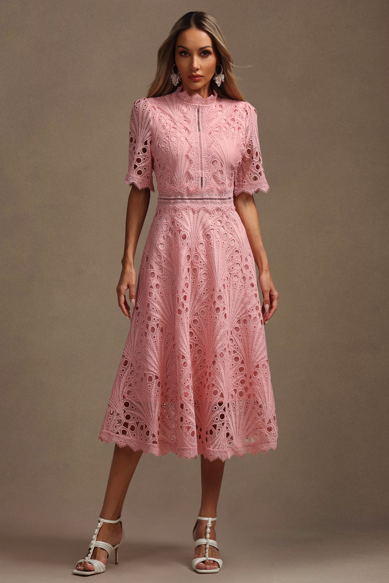 Lzada Short Sleeves Lace Hollow Out Midi Dress