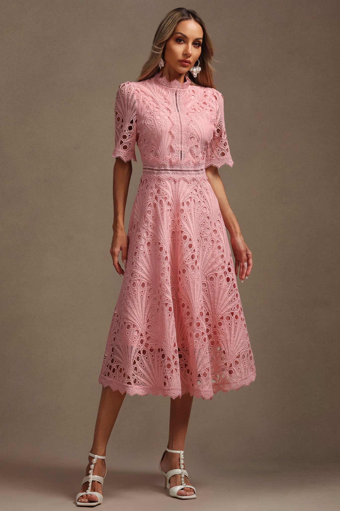 Lzada Short Sleeves Lace Hollow Out Midi Dress