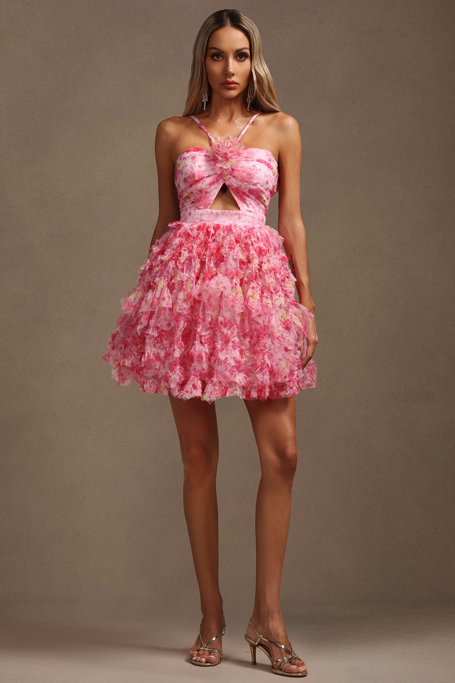 Daware Sleeveless Flower Printed Hollow Out Folds Mini Dress