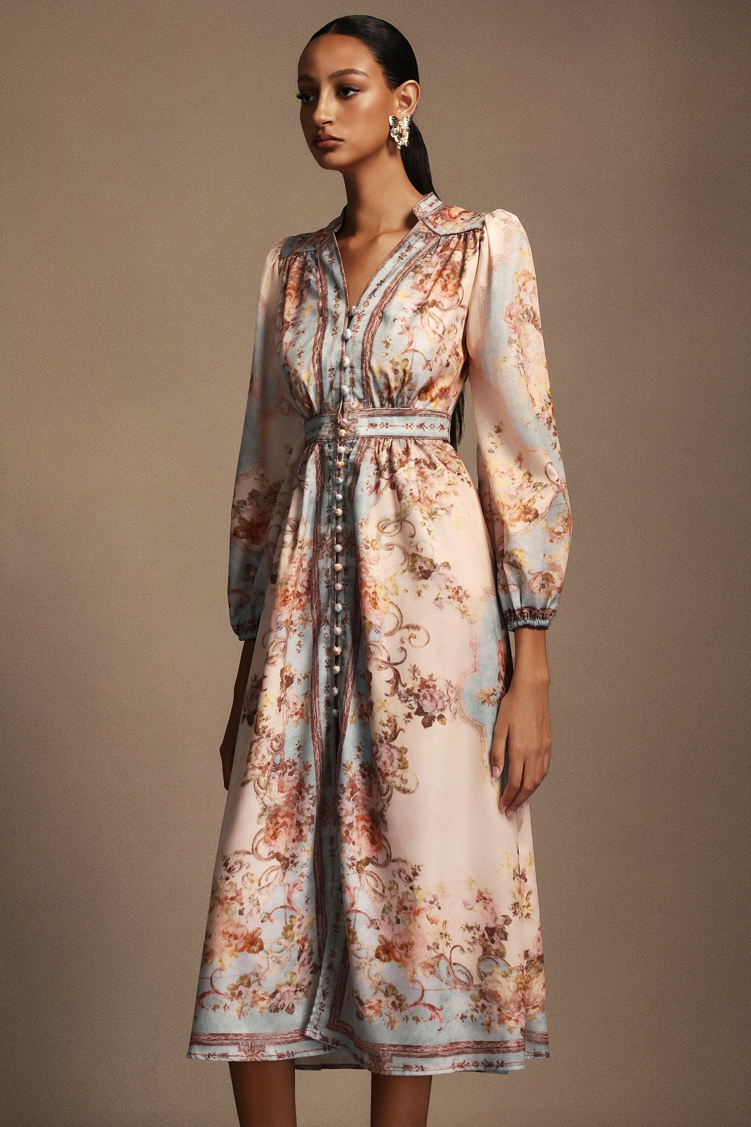 Edan Floral Printed Long Sleeves Midi Dress